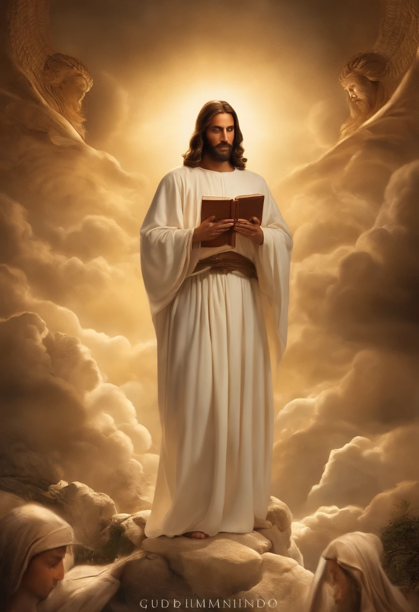 (melhor qualidade,Altas,master part:1.2),ultra-detalhado,Realistic,fotorrealista:1.37,Jesus pregando sua palavra apontando o dedo para seus discipulos.Jesus vestindo um manto branco com uma faixa dourada,santo e majestoso,Longas,flowing and full hair,barba graciosa,Olhos gentis e compassivos,olhar penetrante,Exalando sabedoria e autoridade. The open book symbolizing his divine role as judge on the Day of Judgment,pairando no ar,iluminado por uma luz divina. O livro mostrando caligrafia intrincada,escrituras antigas,e conhecimento divino. Around Jesus there is a serene and heavenly atmosphere,with soft golden rays of light descending from above and casting a warm glow over the scene. The background is filled with ethereal clouds and a glimpse of paradise,representando o reino celestial onde o julgamento ocorre. Jesus is calm and composed.,Embodying justice and equity,ready to pronounce his judgment on humanity with justice and love.