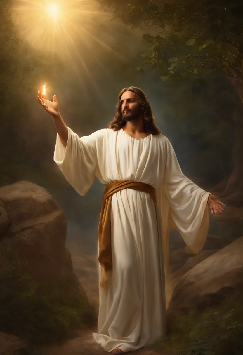 (melhor qualidade,Altas,master part:1.2),ultra-detalhado,Realistic,fotorrealista:1.37,Jesus pregando sua palavra apontando o dedo para seus discipulos.Jesus vestindo um manto branco com uma faixa dourada,santo e majestoso,Longas,flowing and full hair,barba graciosa,Olhos gentis e compassivos,olhar penetrante,Exalando sabedoria e autoridade. The open book symbolizing his divine role as judge on the Day of Judgment,pairando no ar,iluminado por uma luz divina. O livro mostrando caligrafia intrincada,escrituras antigas,e conhecimento divino. Around Jesus there is a serene and heavenly atmosphere,with soft golden rays of light descending from above and casting a warm glow over the scene. The background is filled with ethereal clouds and a glimpse of paradise,representando o reino celestial onde o julgamento ocorre. Jesus is calm and composed.,Embodying justice and equity,ready to pronounce his judgment on humanity with justice and love.