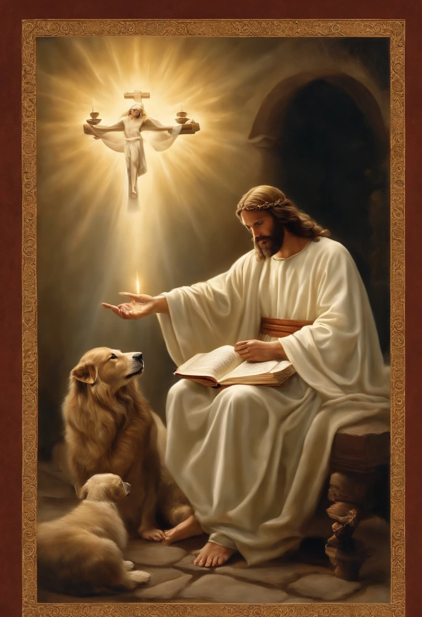 (melhor qualidade,Altas,master part:1.2),ultra-detalhado,Realistic,fotorrealista:1.37,Jesus pregando sua palavra apontando o dedo para seus discipulos.Jesus vestindo um manto branco com uma faixa dourada,santo e majestoso,Longas,flowing and full hair,barba graciosa,Olhos gentis e compassivos,olhar penetrante,Exalando sabedoria e autoridade. The open book symbolizing his divine role as judge on the Day of Judgment,pairando no ar,iluminado por uma luz divina. O livro mostrando caligrafia intrincada,escrituras antigas,e conhecimento divino. Around Jesus there is a serene and heavenly atmosphere,with soft golden rays of light descending from above and casting a warm glow over the scene. The background is filled with ethereal clouds and a glimpse of paradise,representando o reino celestial onde o julgamento ocorre. Jesus is calm and composed.,Embodying justice and equity,ready to pronounce his judgment on humanity with justice and love.