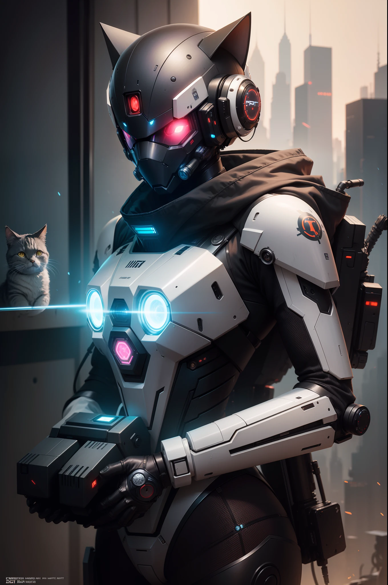 Futuristic robosuit with laser rifle,(The face is also covered with a mechanical mask of cat ears)., Cyberpunk art by L. Her, cgsociety, retrofuturism, Futuristic, future technology, scientific fiction,Illustration from the 70s