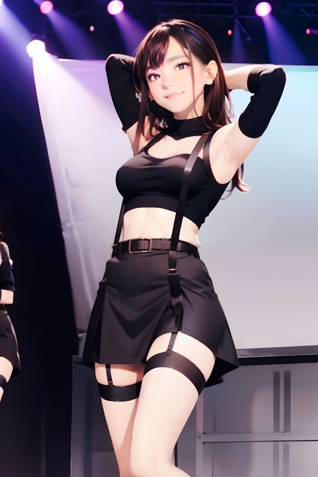 Black skirt, 　suspenders, Brown hair Gray eyes, Garter belt on the legs, Tight clothes, 　　 a belt　Armpit sweat　　Dark look　Moderate breasts