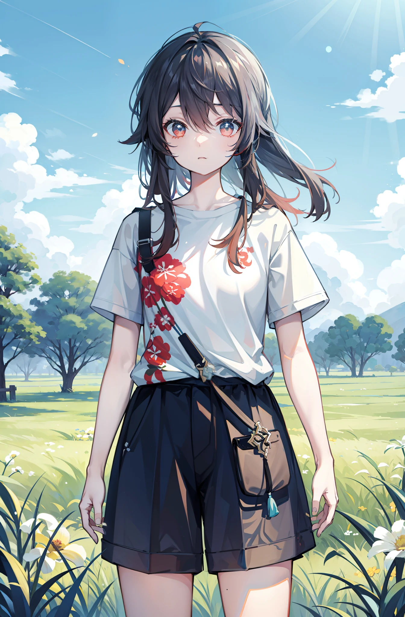 Hu tao from genshin impact, standing in grass fields, casual outfit, casual t shirt, cute pose