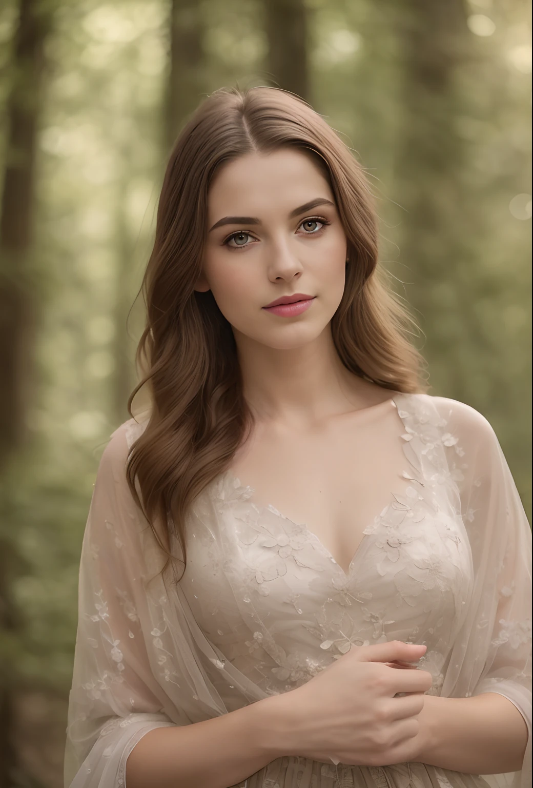 Arafed woman in a white dress, die in einem Wald steht, ethereal beauty, Very nice elf top model, Natural, weiche, blasse Haut, very ethereal, close up portrait shot, in a whimsical fairytale forest, weiche, makellose, blasse Haut, Incredibly ethereal, Close Portrait, portrait shot, elfenbeinfarbene blasse Haut, flowy dress, weich und kompliziert, Ethereal details, Romantisches Kleid
