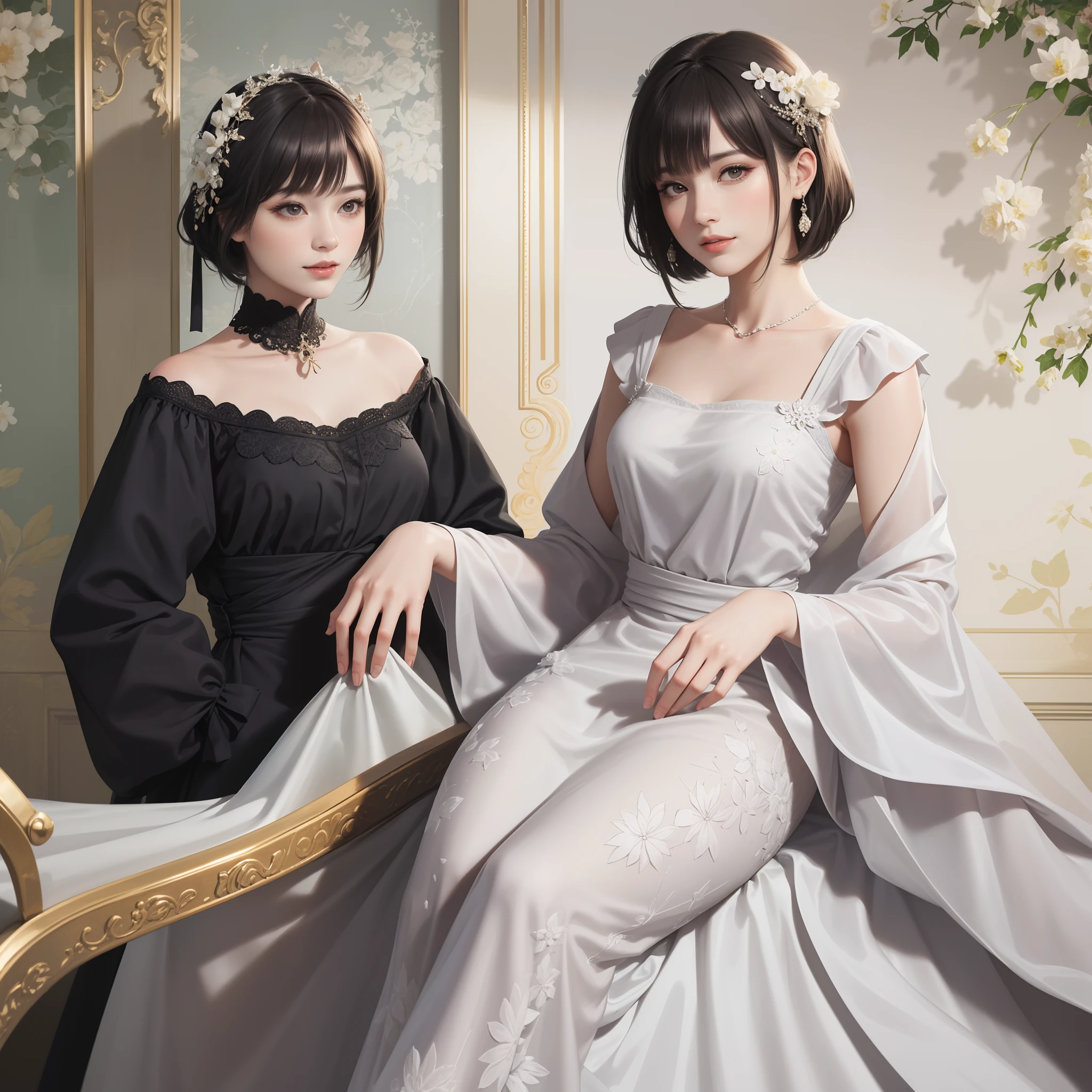 Columbina_(genshin impact), white roses, ornament hair, roses on her hair, maid, maid dress, maid headdress, maid apron, black hair, pink hair, long hair, Kneeling on the floor, chinese home style, Chinese maid dress, white dress, more details on her clothes, pink details, night, smiling, coat,