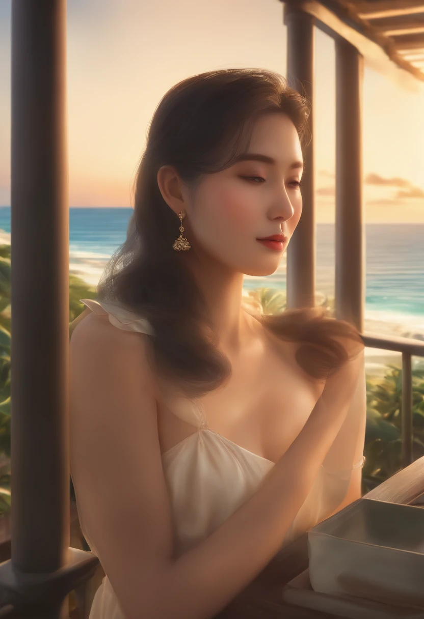 landscape, summer, sunset, okinawa, sea, uninhabited, beach, nobody, hot weather, sunset, HD detail, ultra detail, film, hyperrealism, soft light, deep focus bokeh, ray tracing, art station pixiv gwise, makoto shinkai, art germ