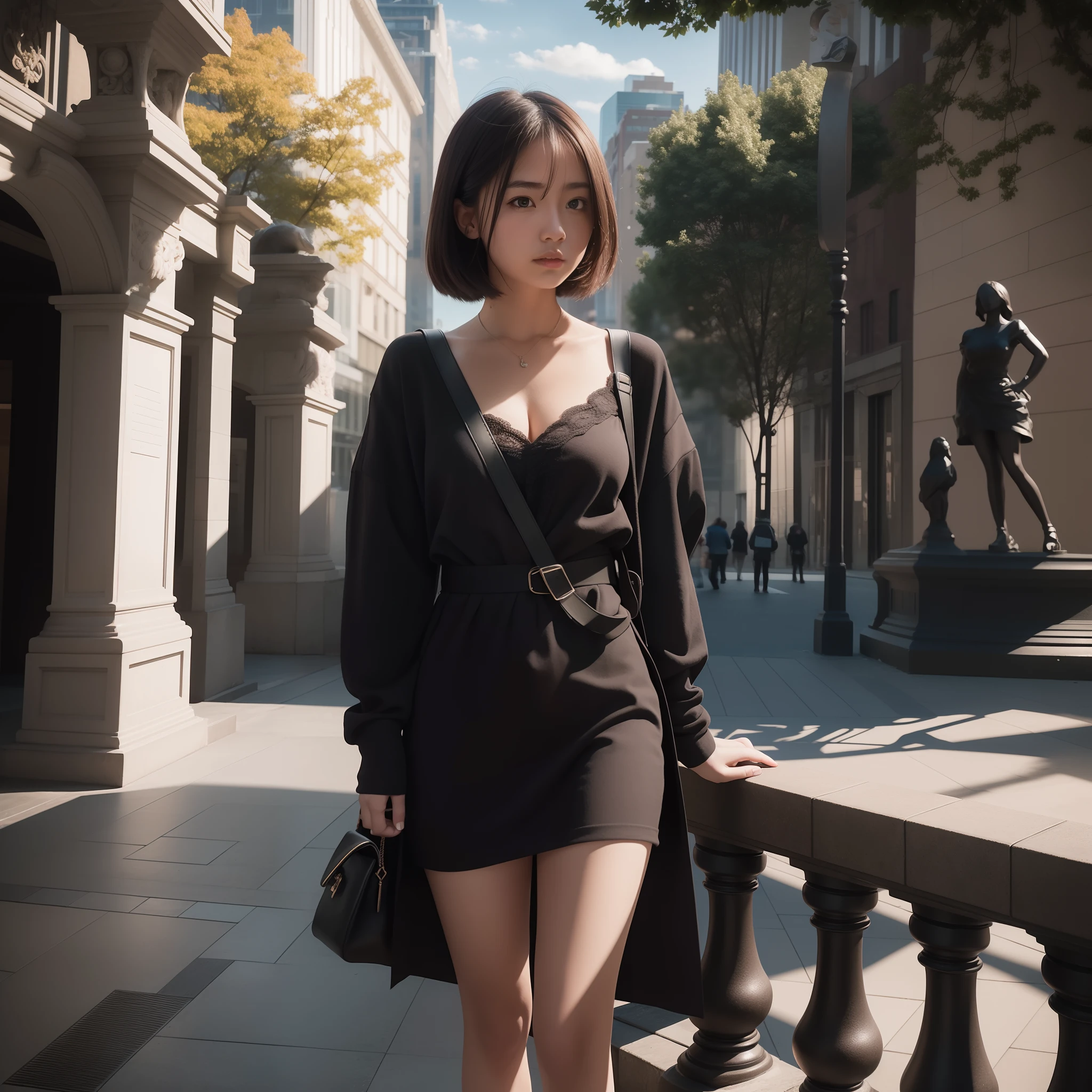 Chiaroscuro, masutepiece, Super Detail, High quality, awardwinning, 8K, (girl), Solo, In a city park, Next to Abstract Sculpture, Natural light