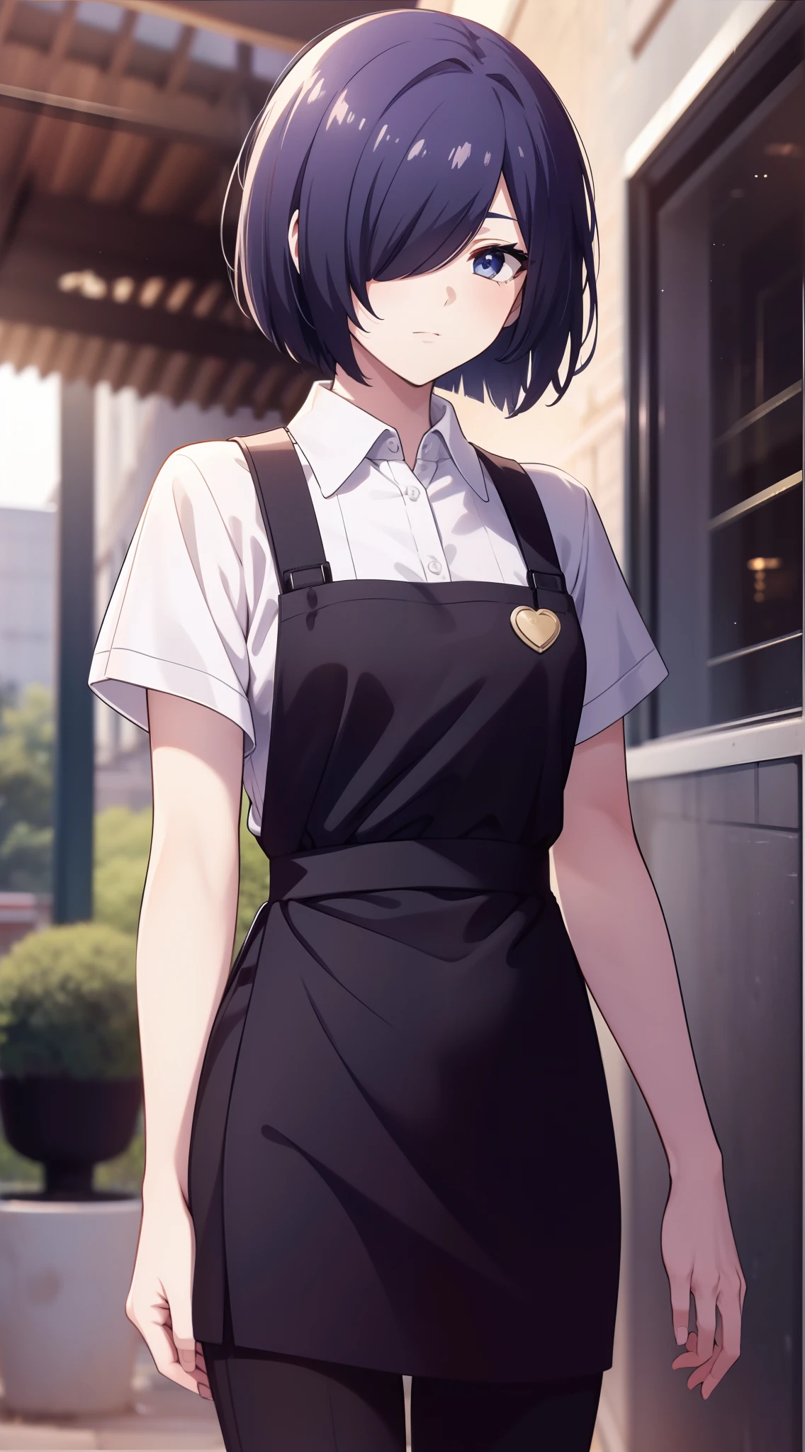 top-quality,masutepiece,Masterpiece,8K,32K,Detailed background depiction,azure eyes,short-cut,bob cuts,A little quirky hair,Hair splashed outside,Bangs covering the left eye,White shirt,Black apron,Black pants,Tall,Slender body lines,skinny body shape,cowboy  shot,full bodyesbian,is standing,facing front,glares,simple background,face forwards,.