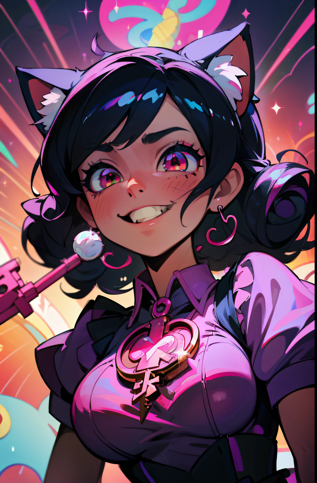 Girl in black and white dress, Pink tail, anime cat girl in a maid costume, style of magical girl, Small two-tone curls, fleshy feeling, sparkling magical girl, portrait of magical girl, anime girl in a maid costume, nyaruko-san, Splash art, Openwork maid costume, lollipop, Detailed key anime art, white hair, long hai , huge boobs,sexy, lip bite, ahegao, smiling, {{{red eyes}}}, {{{black hair}}}, huge breasts, huge ass {{{rainbow hair strands}}}, glitch, computer, hacking, glitchy