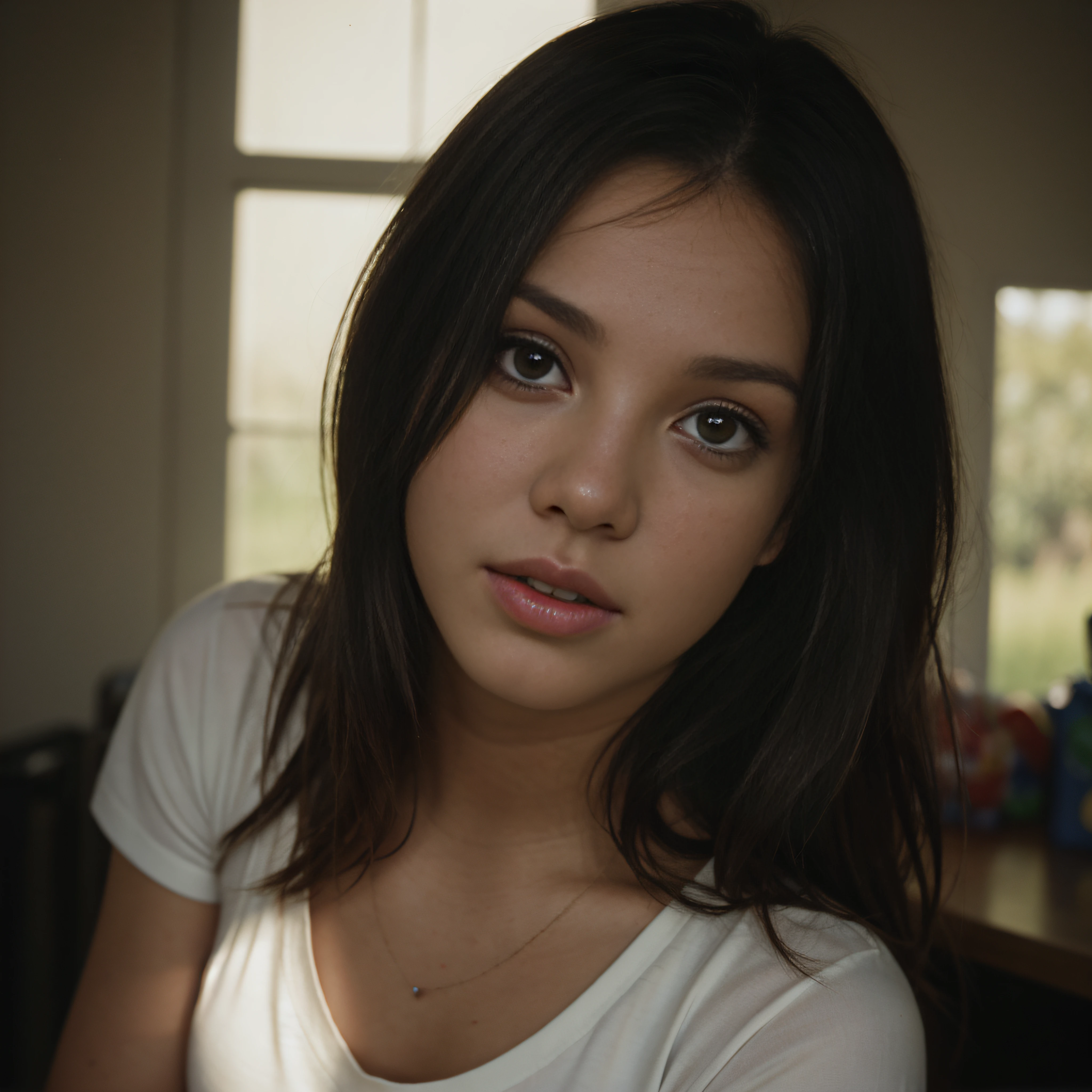 (close-up, editorial photograph of a 21 year old woman britneyspears-smf), (highly detailed face:1.4) (smile:0.7) (background inside dark, moody, private study:1.3) POV, by lee jeffries, nikon d850, film stock photograph ,4 kodak portra 400 ,camera f1.6 lens ,rich colors ,hyper realistic ,lifelike texture, dramatic lighting , cinestill 800,
eating cricket   ------------- In the cluttered home, the wife is doing housework，The wife squatted and collected the toys and struggled，There is also some exhaustion on the face，The vicissitudes of the years flow from the beautiful face，Babies crying in the distance，The picture is warm but there is not enough sunlight。The picture has a sense of loneliness