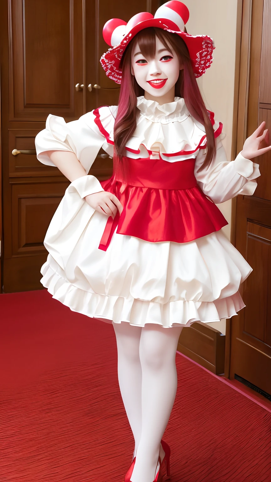 (realisitic、hight resolution:1.3)、女の子1人、Super thin face and eyes、length hair、Whitewashed clown makeup、Red makeup around the eyes、red and round false nose、Colorful clown costume、Brightly colored costumes、American Clown Costume、Clown makeup、Clown costume、Colossal tits、Full body like、huge smile、A room in a hotel、