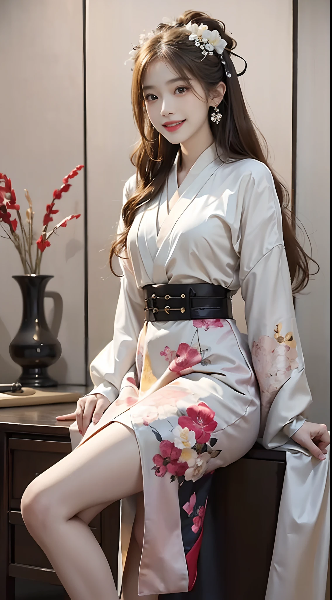 ((full body)), ((from side)), ((realistic)), 1 Asian female model, A young girl, (Being in the room, Sit Pose, Cross ed leg, Leaning against the dresser), Pleasing posture, Eye-catching poses, Nice long legs, Detailed scenes, Coiled hair, Hairpins, Beautiful hair accessories, Brownish-yellow hair, light make-up, Blushlush, Gloss on lips, ((White floral Hanfu, high-waist, Nice belt, high-heels)), ((warm lights, a warm color palette)), (Extremely high color saturation), Detailed details, ultra-detailliert, (tmasterpiece, best qualtiy), (An extremely delicate and beautiful work), Delicate earrings, Delicate necklace, Simple blurred background, Extreme detail description, Ultra-fine painting, Delicate face, slim toned body, Slimming the waist, (grin, happy grin, Baring teeth), (anatomy correct)