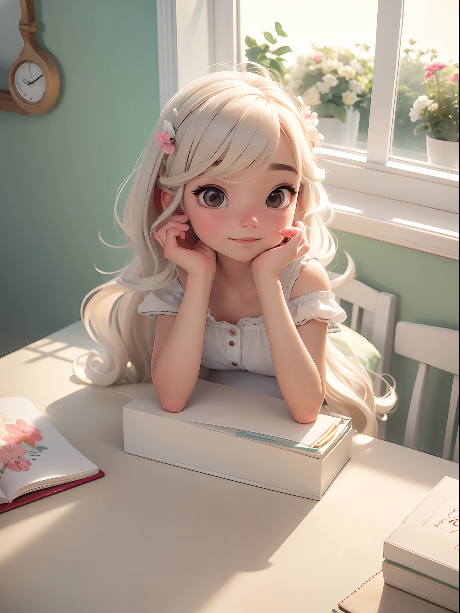 1girll,Hairpins,Lying on your stomach by the window,Look out the window,adolable,Cute pose hair accessories,Works of masters,Fresh color background,cute room,Fresh air,There were flowers and plants in the room,Study desk,。.3D,light colors hair,lindo cenario,the detail,carefully,Rich background,High picture quality,Best quality girls' room,janelas,View from the window