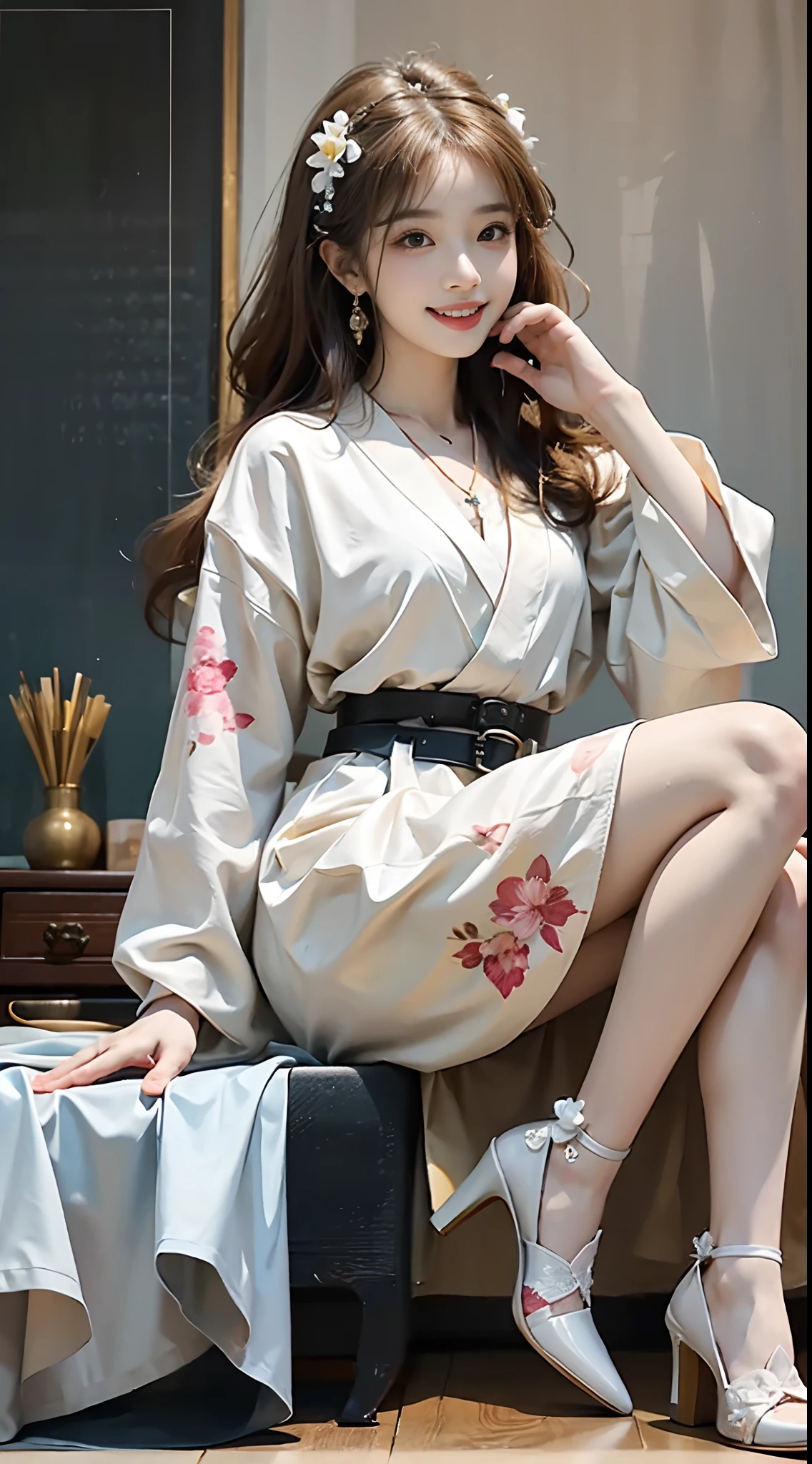 ((full body)), ((from side)), ((realistic)), 1 Asian female model, A young girl, (Being in the room, Sit Pose, Cross ed leg, Leaning against the dresser), Pleasing posture, Eye-catching poses, Nice long legs, Detailed scenes, Coiled hair, Hairpins, Beautiful hair accessories, Brownish-yellow hair, light make-up, Blushlush, Gloss on lips, ((White floral Hanfu, high-waist, Nice belt, high-heels)), ((warm lights, a warm color palette)), (Extremely high color saturation), Detailed details, ultra-detailliert, (tmasterpiece, best qualtiy), (An extremely delicate and beautiful work), Delicate earrings, Delicate necklace, Simple blurred background, Extreme detail description, Ultra-fine painting, Delicate face, slim toned body, Slimming the waist, (grin, happy grin, Baring teeth), (anatomy correct)