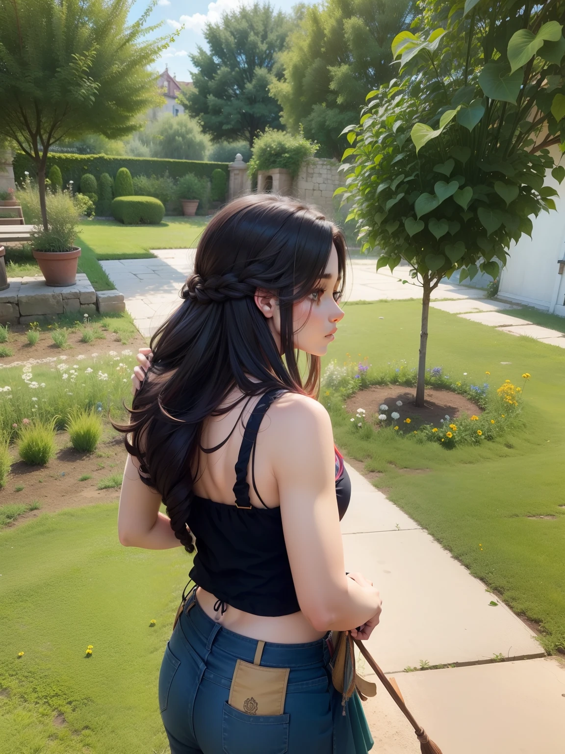 Ancient beauty, upper body, colorful clothes, long hair, head up, sunshine, summer, garden