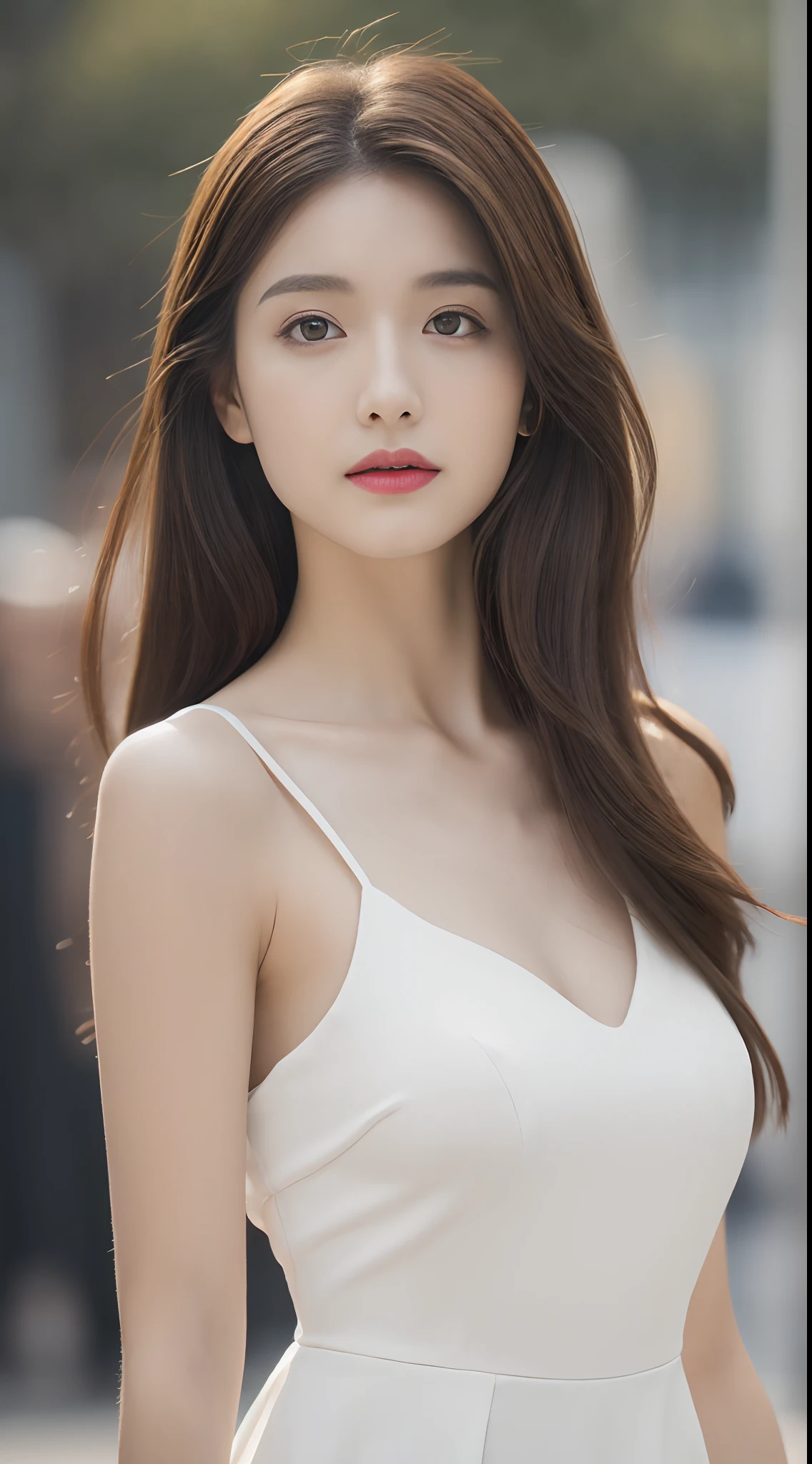 ((Realistic lighting, Best Quality, 8K, Masterpiece: 1.3)), Focus: 1.2, 1girl, Perfect Figure: 1.4, Slim Abs: 1.1, ((Dark brown hair)), (White dress: 1.4), (Outdoor, Daytime: 1.1), City streets, Super fine face, Fine eyes, Double eyelids,