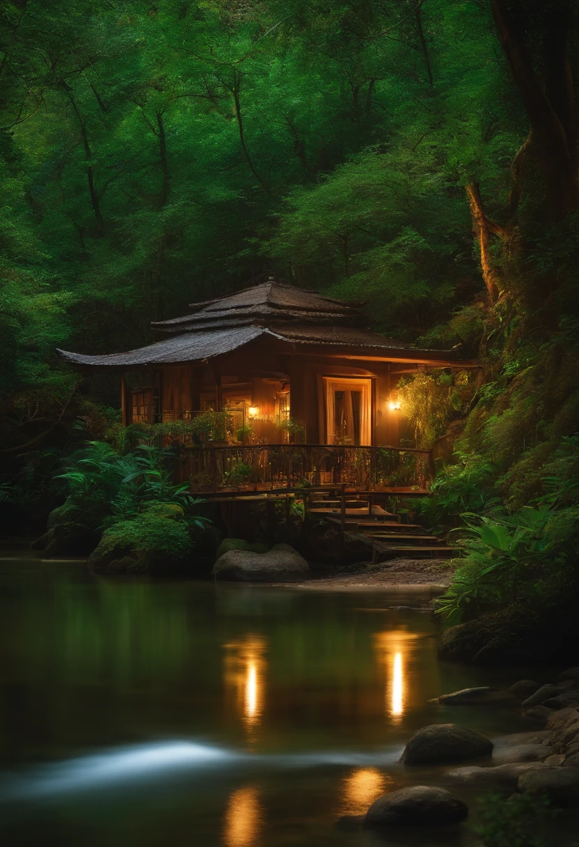Uma casa no estilo estilo japosa, no alto de uma montanha,  um rio exuberante, Salgueiros chorando em uma floresta, atmosfera tranquila e serena