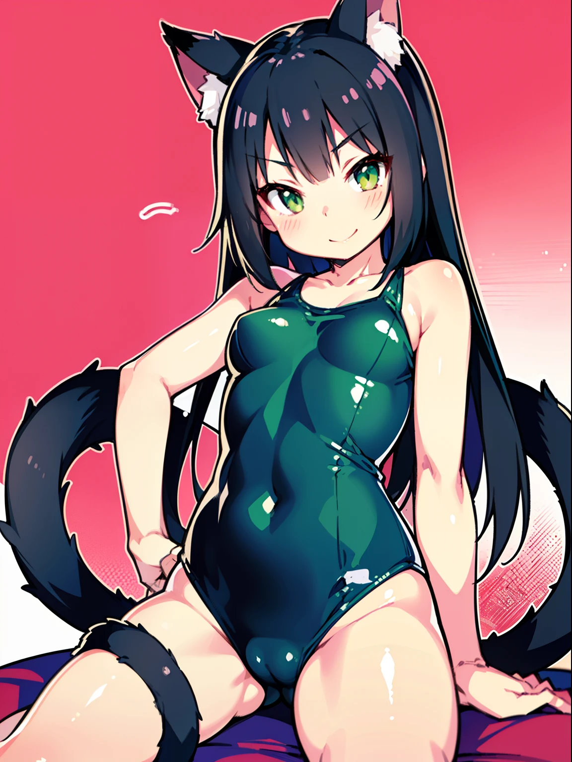 Petite cute Japanese woman 24 years old, Graceful physique, cat ears, Big green shiny eyes, A sly half-smile, black hair with scarlet highlighting, gathered in the tail to the middle of the back; small pointy breasts; cute school swimsuit; Happy expression, laughter, pleasure, ; Anatomical realism, hight resolution, high quality textures, higly detailed