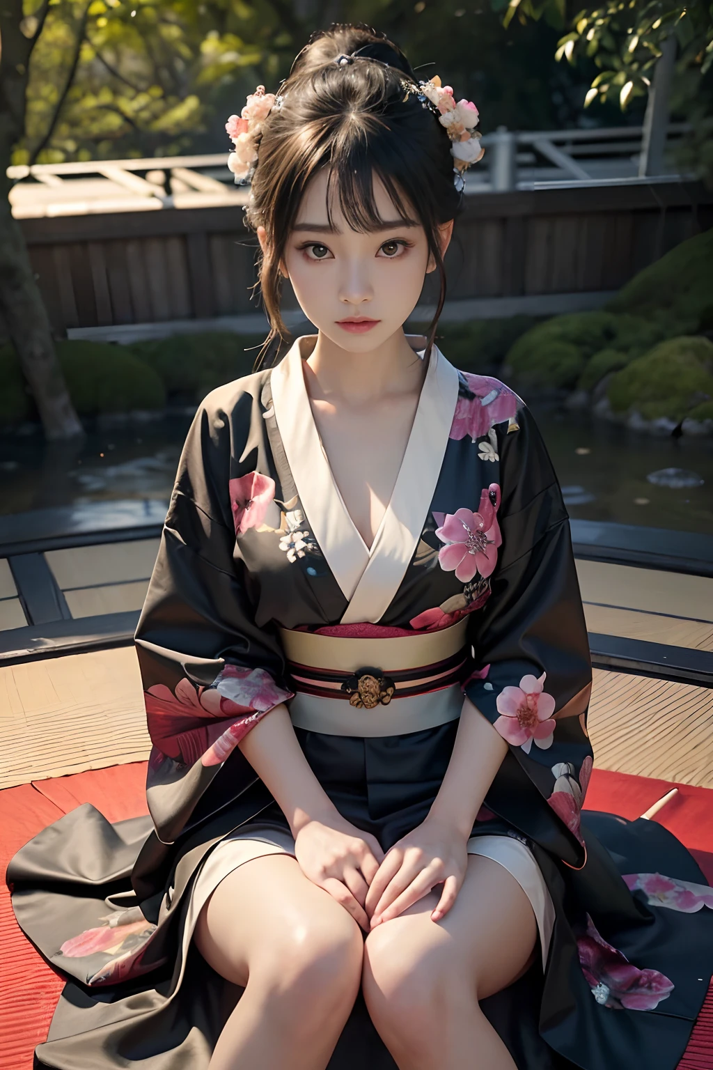 NSFW, 8K raw photos, best qualtiy, tmasterpiece, 超高分辨率, filmgrain, cinematic ligh, 1girll, looking at viewert, Natural skin texture, Realistic Eyes and Face Details,(Photorealsitic:1.4), (Top image quality:1.0), (超A high resolution:1.0), 8K, RAW photography, (tmasterpiece:0.2), (PureErosFace_V1:0.5)、(best quality detail:1.2)、hentail realism、8K, Ultra HD、A high resolution、(1girl in:1.2)、The ultra-detailliert、High quality textures、intricately details、detaileds、Very detailed CG、High quality shadows、Detail Beautiful delicate face、Detail Beautiful delicate eyes、depth of fields、Ray traching,1girl in, japanaese girl, Cute, Slender, black kimono, kimono with Japanese pattern,Floral curls, Beautiful skin, facing the front there,Sit down, Sit up straight and say thank you,Align your hands gracefully,A faint smile on the ground in Japan,Japanese Garden,Deluxe Japanese-style room, skyporn, magic hour, (Realistic:1.3), finely detailed, quality, (masutepiece:1.2), (Photorealistic:1.2), (Best quality), (Intricate details), Dramatic, Ray tracing, photographed, +Lola