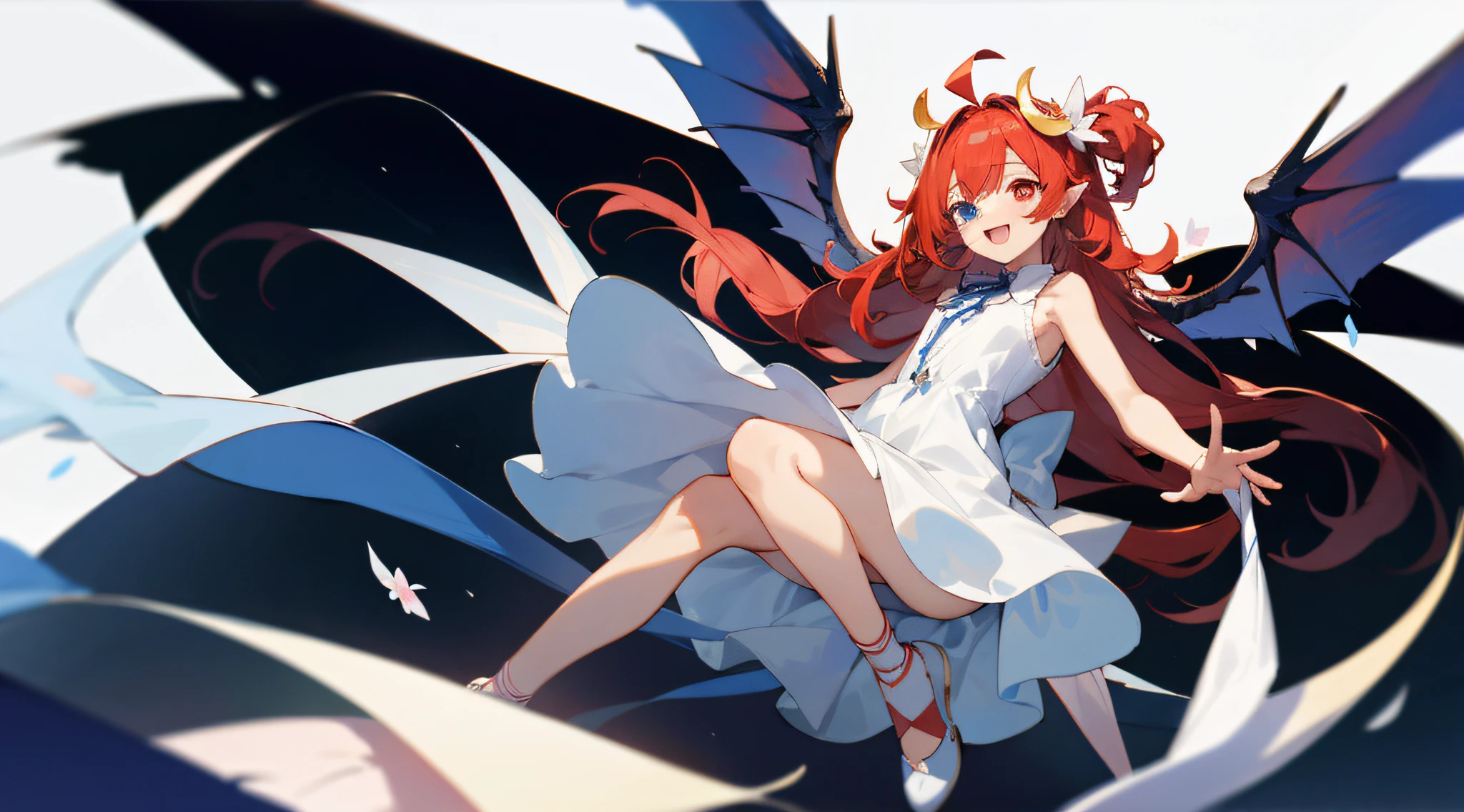 1girl in, Virtual Youtuber, Hair Ornament, Long hair, Solo, Wings, crescent-shaped hair ornament, Red Eyes, Red hair, Heterochromia, Horns, flower, Dress, Demon Wings, diadems, two side up, Open mouth, Smile, shoes, Crescent, Demon Girl, demon tail, Full body, Ahoge, mini crown, White Dress, Very long hair, Demon Horns, Sleeveless, Bangs, Looking at Viewer, White background, Hair Flower, Tail ornament, Simple background, blush, white blossoms, :D, tusk, Bare arms, bow ribbon, Sleeveless dress, white footwear, Bare shoulders, Blue eyes, hair bobbles, frilld, hair between eye, Bare legs, Short dress, Blue Ribbon, Bow, Tail ribbon, 鎖骨, No socks, low-tied long hair, Tail bow, Neck ribbon