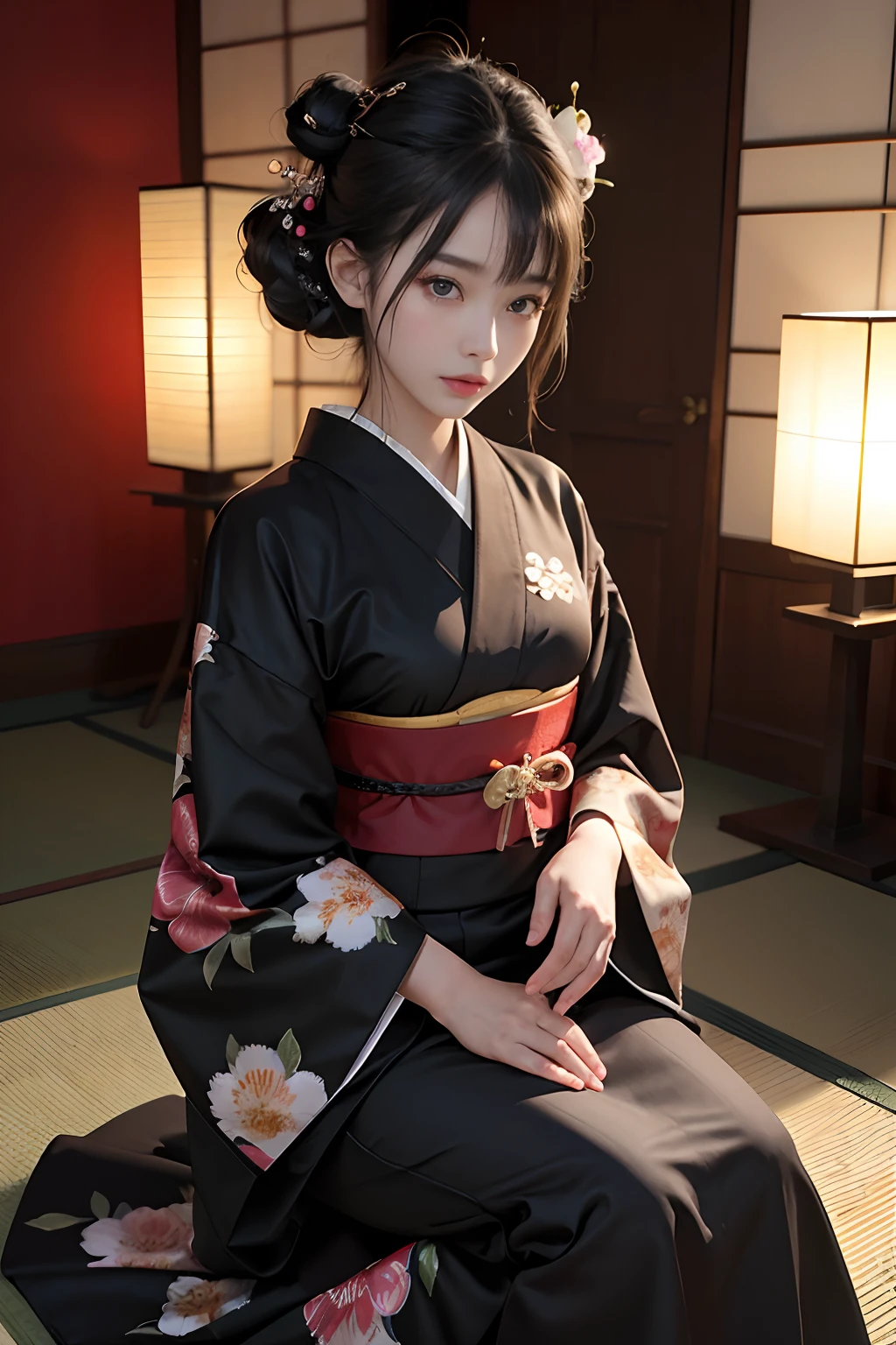 ulzzang-6500-v1.1, (RAW photo:1.2), (Photoreal), (genuine:1.4), (muste piece), Classy woman with perfect figure: 1.3, jet black hair、((Straight bob cut hair with neatly trimmed ends、bangs、red hair band))、(She is wearing a dark purple long-sleeved kimono with an elegant pattern.。.)、standing with fan closed、Majestic Hall々, (murderous look:1.2)、 highly detailed face and skin, fine eyes, double eyelid, (full body shot:1.2)、wearing short boots、