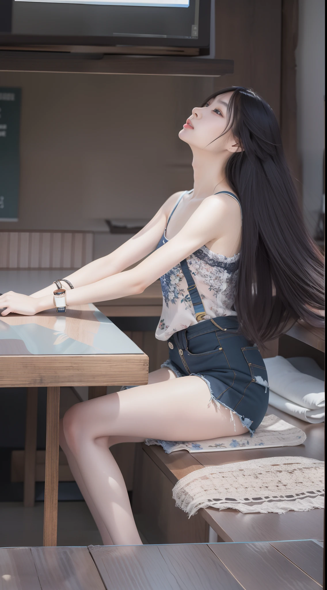 There was a woman sitting cross-legged at the table, gorgeous chinese models, Attractive pose, sittinng on the desk, photo of slim girl model, With long hair, Chinese girl, long hair girl, Asian girl with long hair, long thin black hair, with long dark hair, Beautiful girl model, Beautiful Asian girl, Casual pose, character is in her natural pose