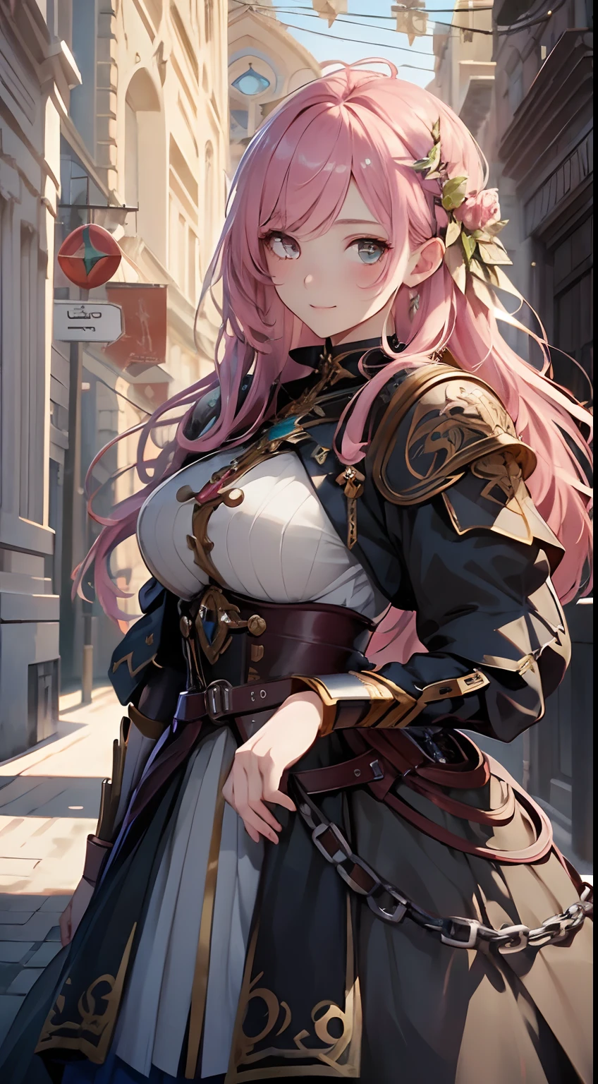 1 girl anime in a dress, pink hair, cushart krenz key art feminine, portrait knights of zodiac girl, extremely detailed eyes and face, Realistic, extremely detailed CG unified 8k wallpaper, ighly detailed, High-definition raw color photos, professional photograpy, Realistic portrait, Cinematic Light, Beautiful detailed, alluring elf princess knight, astri lohne, smile, Full body, High quality, (((Bokeh))), depth of field