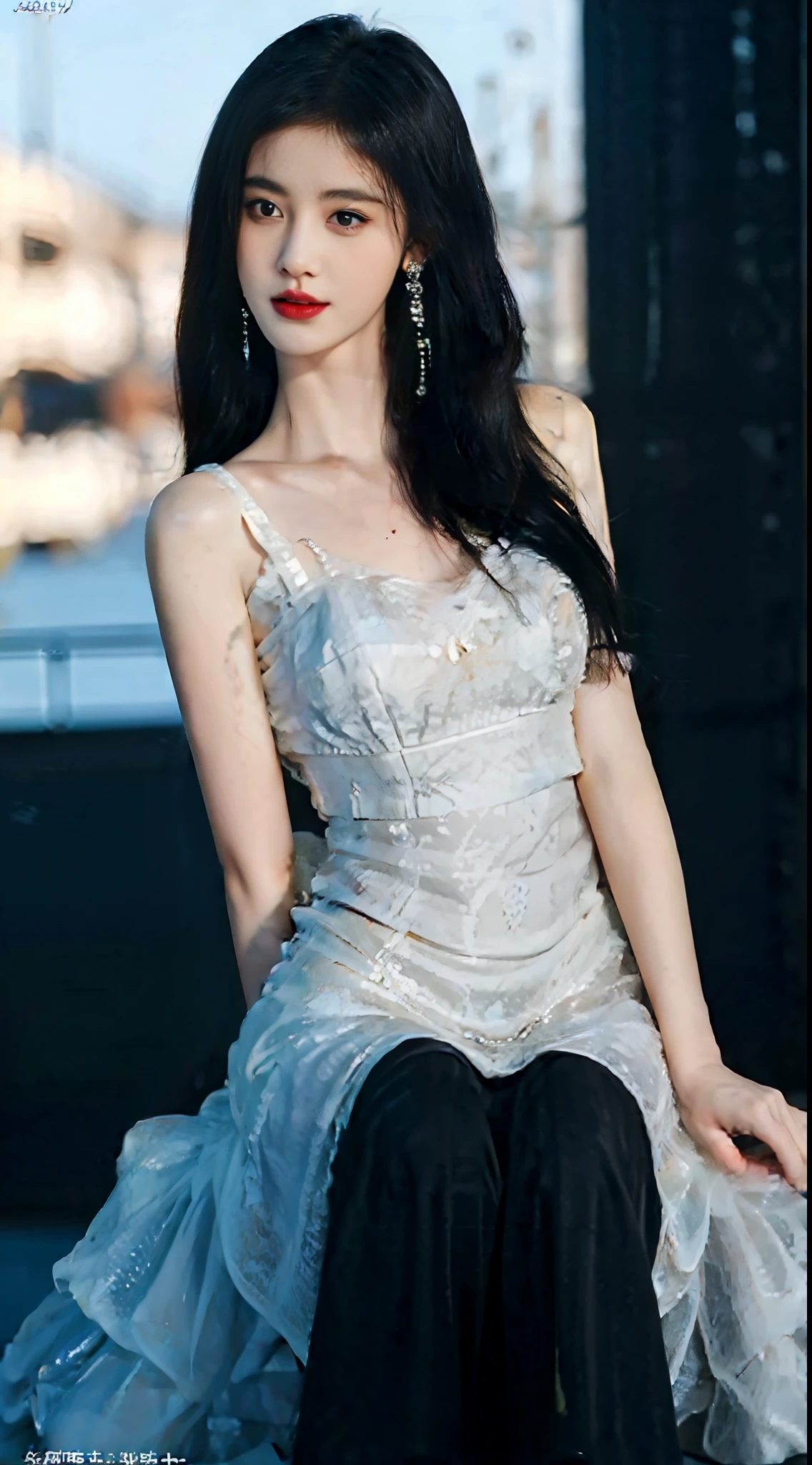 masterpiece, best quality, 1girl, aqua eyes, black hair, closed mouth, multicolored background, looking at viewer, outdoors, solo, ((full body)), alluring, clean, beautiful face, pure face, pale skin, sexy pose,((luxury dress, breasts slit)), long hair, ((perfect female figure)), mature female, milf, narrow waist, chinese deity, seductive, highly detailed,best quality, masterpiece, highres, original, extremely detailed 8K, wallpaper, masterpiece, best quality, illustration, beautifully detailed eyes, cinematic lighting, earrings, jewelry,