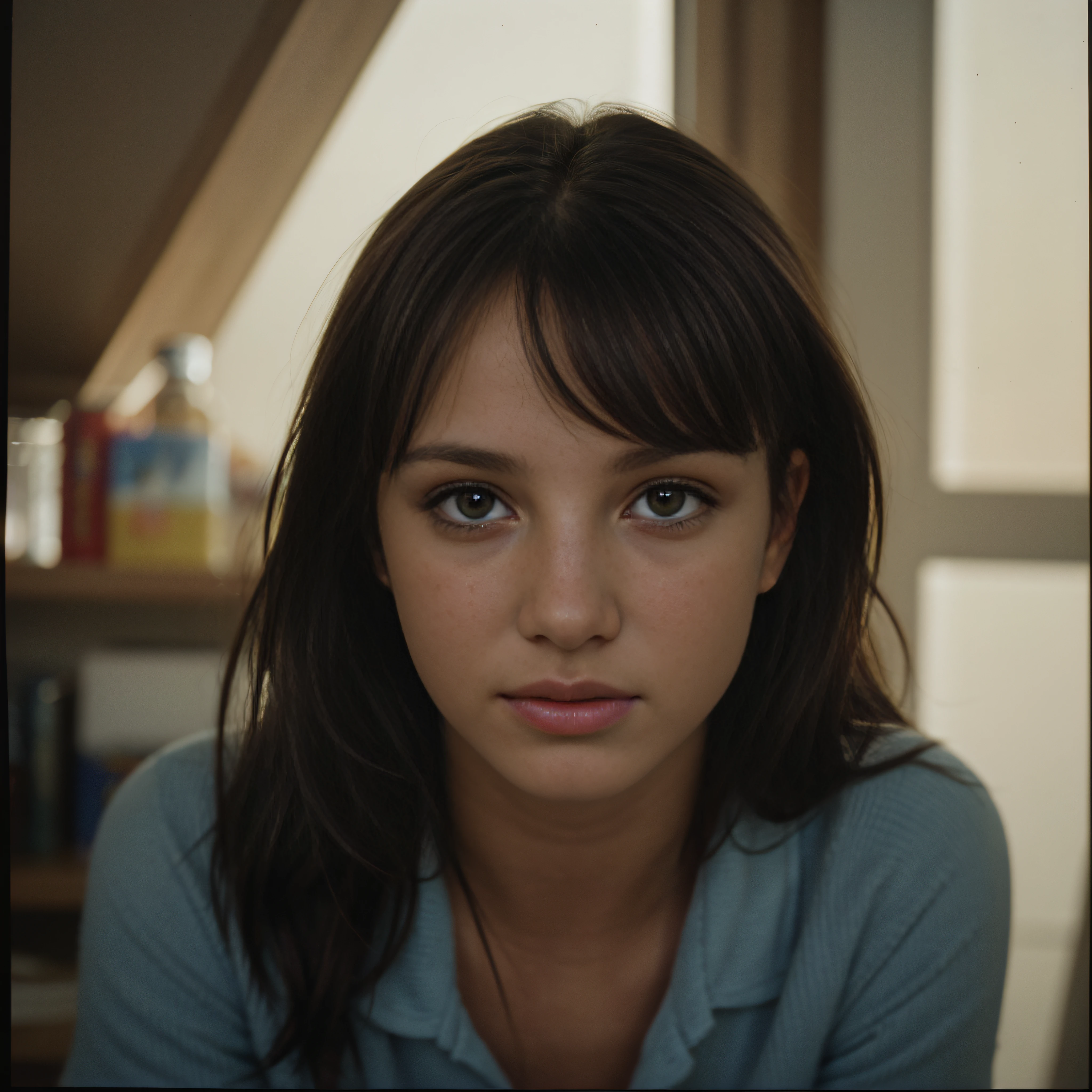 (close-up, editorial photograph of a 21 year old woman britneyspears-smf), (highly detailed face:1.4) (smile:0.7) (background inside dark, moody, private study:1.3) POV, by lee jeffries, nikon d850, film stock photograph ,4 kodak portra 400 ,camera f1.6 lens ,rich colors ,hyper realistic ,lifelike texture, dramatic lighting , cinestill 800,
eating cricket   ------------- In the cluttered home, the wife is doing housework，The wife squatted and collected the toys and struggled，There is also some exhaustion on the face，The vicissitudes of the years flow from the beautiful face，Babies crying in the distance，The picture is warm but there is not enough sunlight。The picture has a sense of loneliness