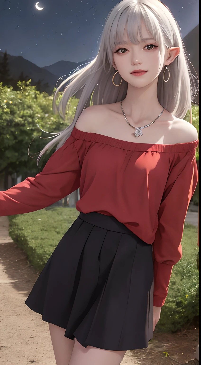 best quality, (masterpiece:1.2), highly detailed, night, moon, forrest, trees, mature,
1girl, solo, alice, vampire, standing, closed mouth, wide smile, small breasts, looking at viewer,
grey hair, long hair, red eyes, pointy ears, collarbone, red shirt, off-shoulder shirt, earrings, necklace, long sleeves, pantyhose, black skirt