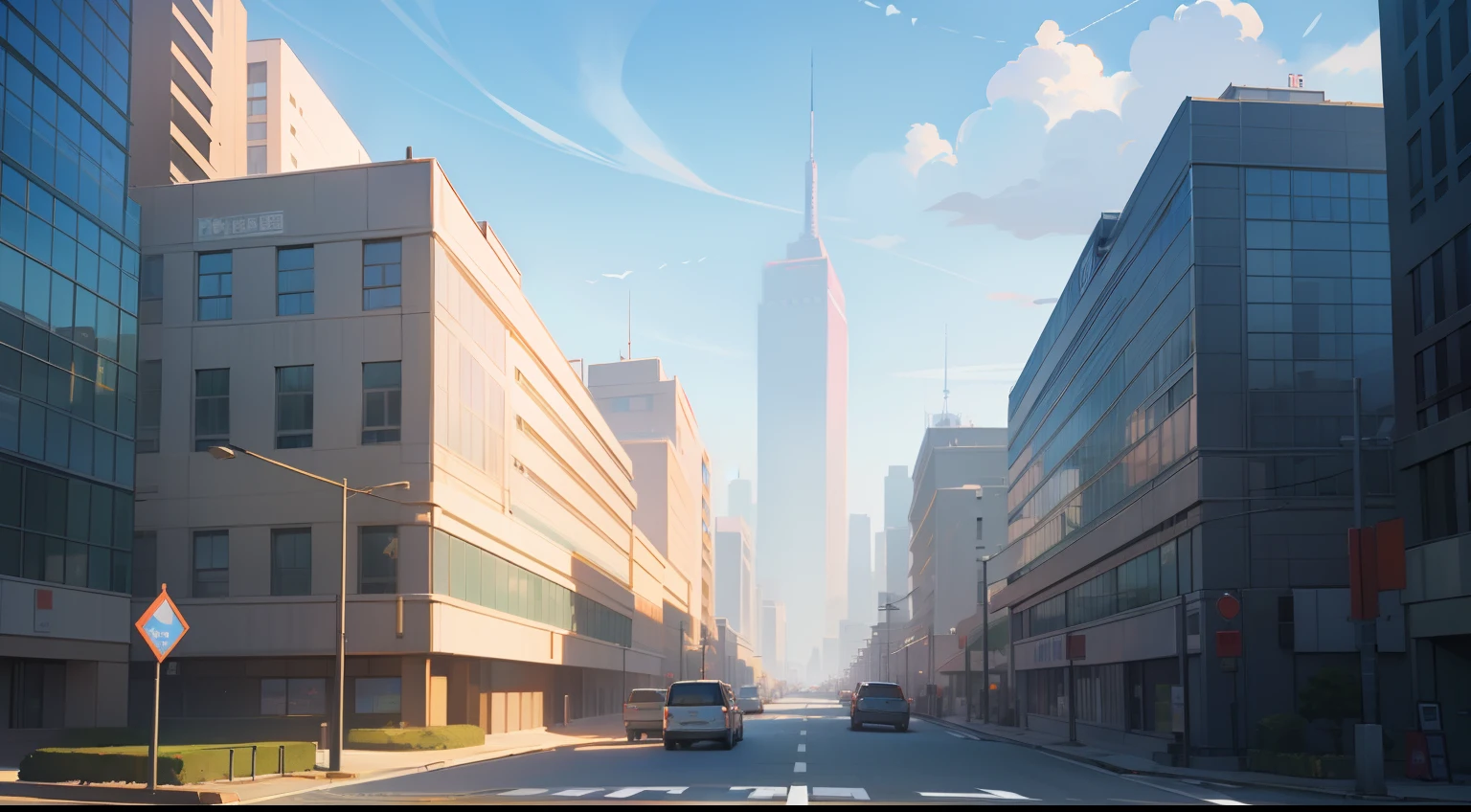 (masterpiece)、((office building))、(a picture)、(shadings)、during daytime、Upper floors of buildings and blue sky