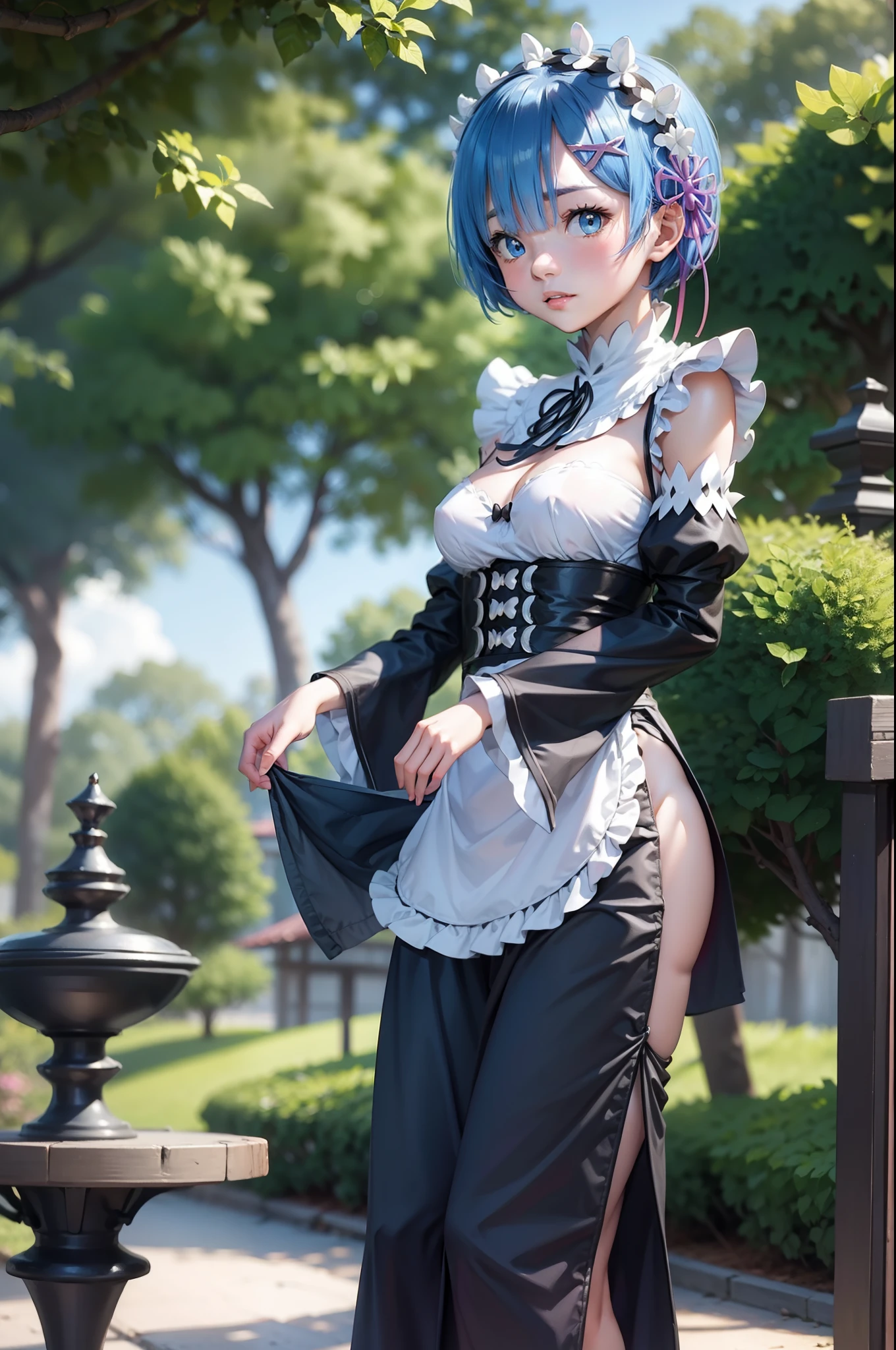 rem from rezero standing still with skirt, background is made of forest