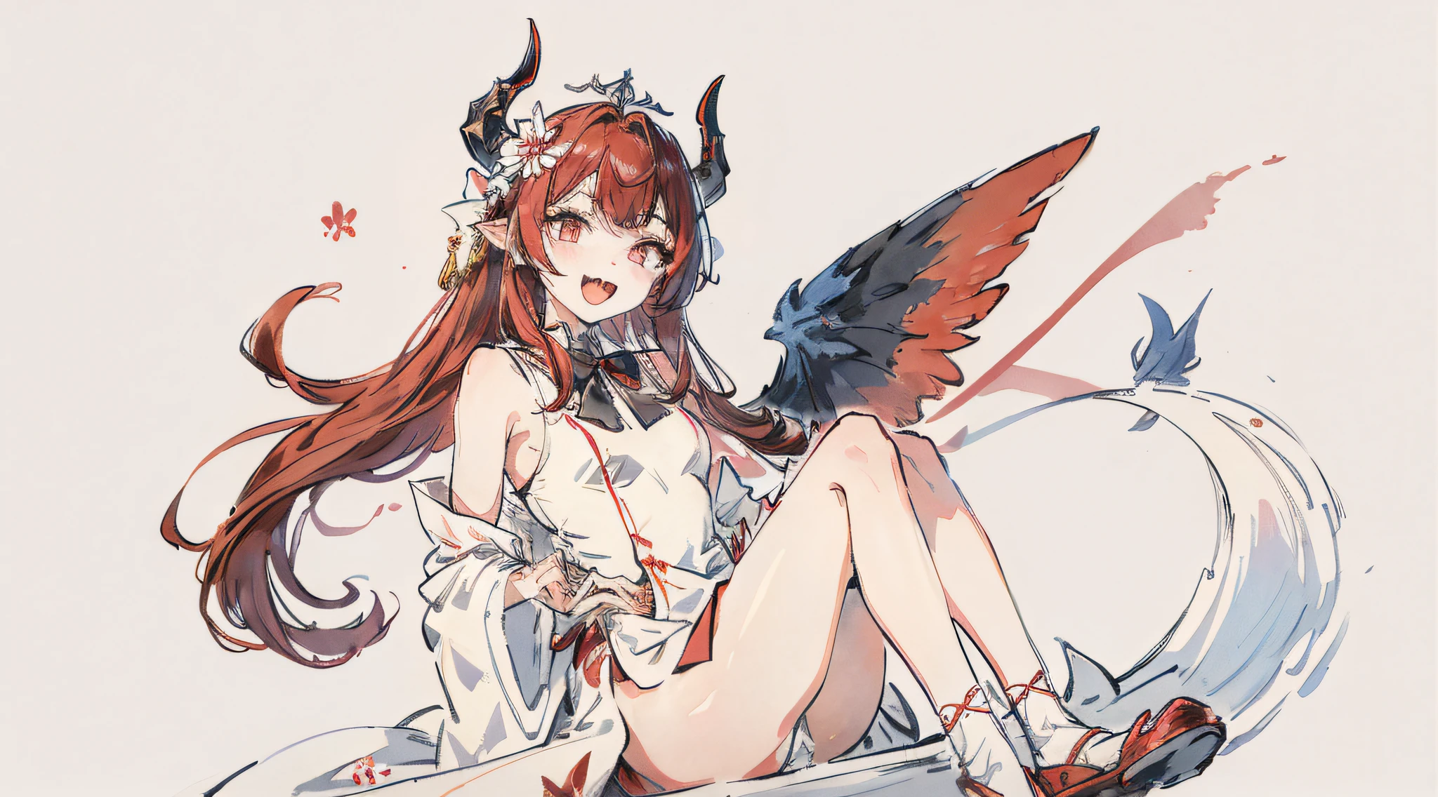 1girl in, Virtual Youtuber, Hair Ornament, Long hair, Solo, Wings, crescent-shaped hair ornament, Red Eyes, Red hair, Heterochromia, Horns, flower, Dress, Demon Wings, diadems, two side up, Open mouth, Smile, shoes, Crescent, Demon Girl, demon tail, Full body, Ahoge, mini crown, White Dress, Very long hair, Demon Horns, Sleeveless, Bangs, Looking at Viewer, White background, Hair Flower, Tail ornament, Simple background, blush, white blossoms, :D, tusk, Bare arms, bow ribbon, Sleeveless dress, white footwear, Bare shoulders, Blue eyes, hair bobbles, frilld, hair between eye, Bare legs, Short dress, Blue Ribbon, Bow, Tail ribbon, 鎖骨, No socks, low-tied long hair, Tail bow, Neck ribbon