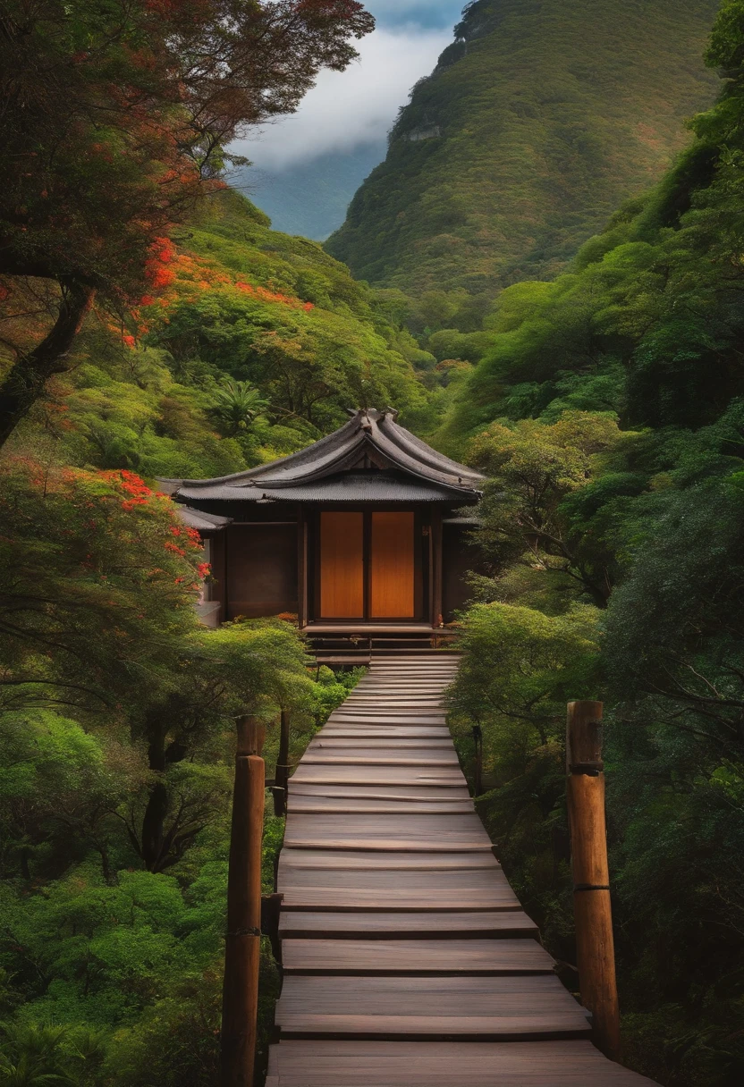 Uma casa com porta shoji, no alto de uma montanha com um caminho de padras para chegar em um rio exuberante, Salgueiros chorando, atmosfera tranquila e serena.