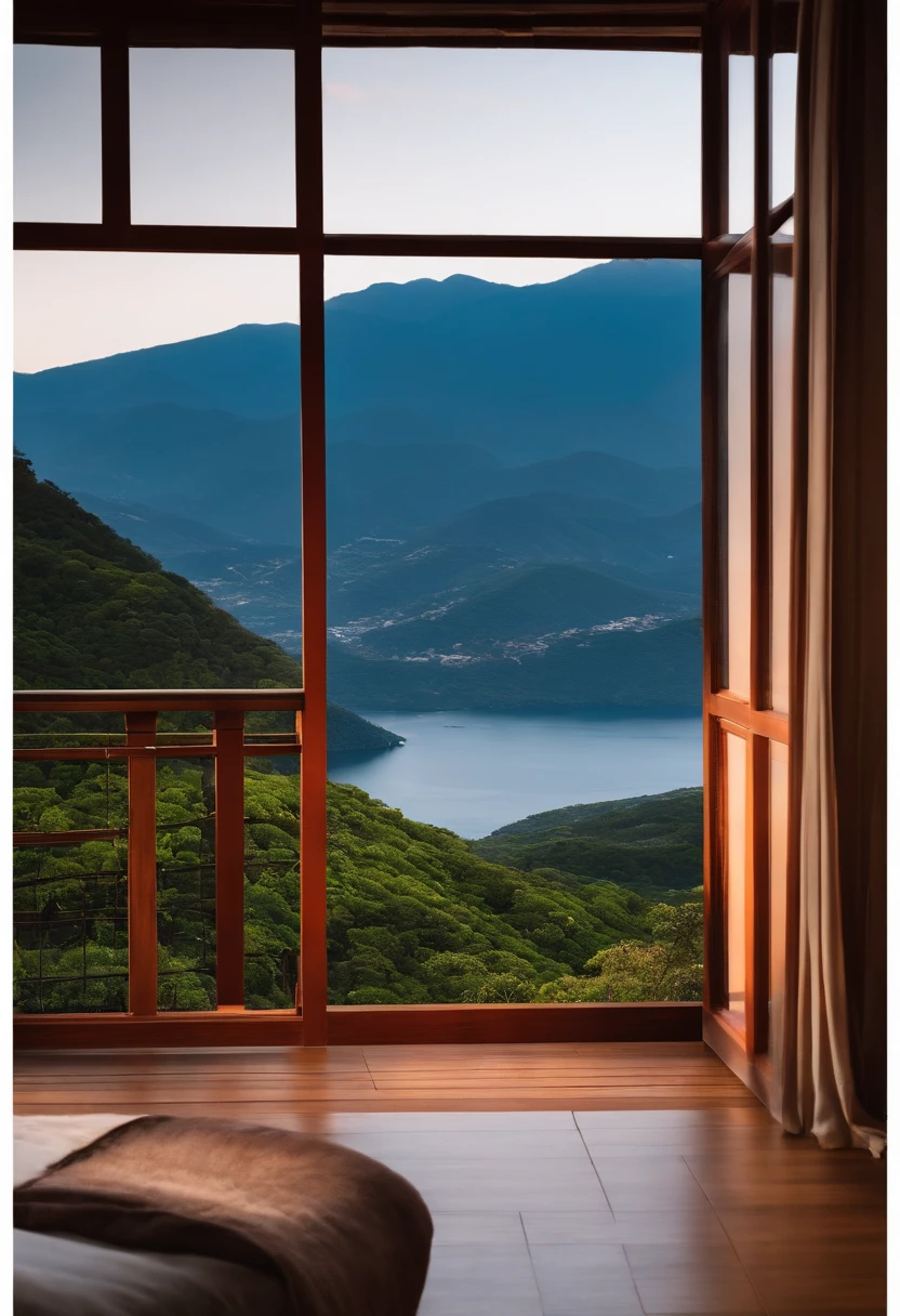 Uma casa com porta shoji, no alto de uma montanha com um caminho de padras para chegar em um rio exuberante, Salgueiros chorando, atmosfera tranquila e serena.