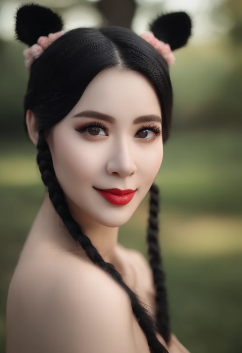 black hair, hair bobbles, wince, longeyelashes, solid circle eyes, fake animal ears, light smile, ear blush, fang, Surrealism, drop shadow, anaglyph, stereogram, tachi-e, pov, atmospheric perspective, 8k, super detail, ccurate, best quality