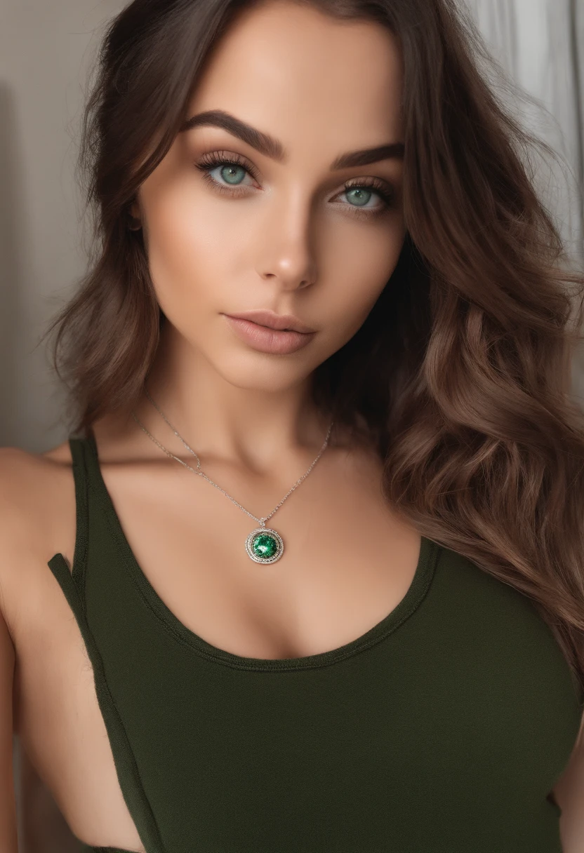 arafed woman with a white tank top and a necklace, sexy girl with green eyes, portrait sophie mudd, brown hair and large eyes, selfie of a young woman, bedroom eyes, violet myers, without makeup, natural makeup, looking directly at the camera, face with artgram, subtle makeup, stunning full body shot, piercing green eyes