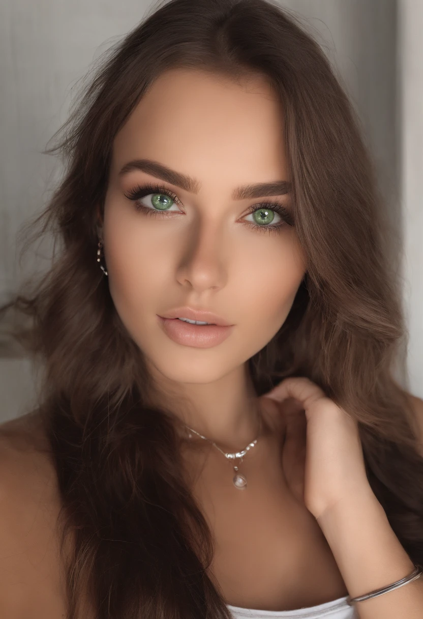 arafed woman with a white tank top and a necklace, sexy girl with green eyes, portrait sophie mudd, brown hair and large eyes, selfie of a young woman, bedroom eyes, violet myers, without makeup, natural makeup, looking directly at the camera, face with artgram, subtle makeup, stunning full body shot, piercing green eyes, massive cleavage, show nipples, Double D cup, wearing panties