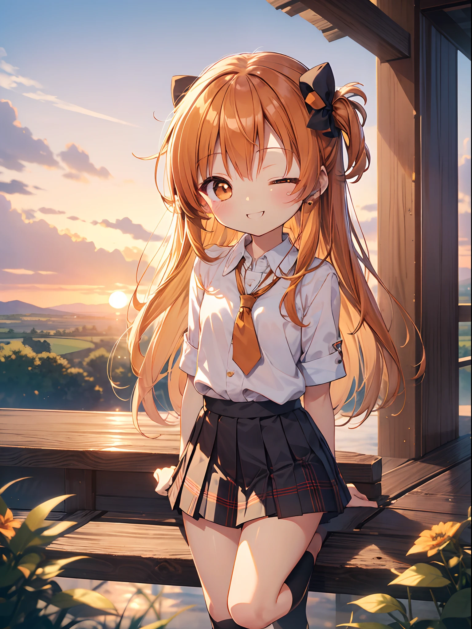 top-quality、masutepiece、1womanl、独奏、(Chibi:1.5),(one eye closed:1.4)、Happy smile、closes mouth、Brown Single Blade、White School Uniform、Black socks、plaid skirts、Blushing、Akame、early evening、Lots of countryside、Big sunset、Orange view、Small necklace、