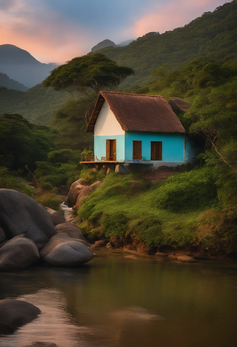 Uma casa simple com alpendre , no alto de uma montanha com um caminho de padras para chegar em um rio exuberante, Salgueiros chorando, atmosfera tranquila e serena.