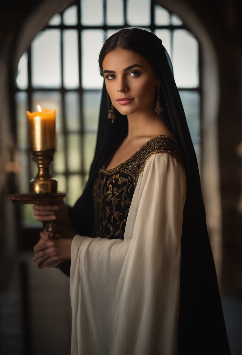 mulher em torno de 19 anos, natural black hair with mantle on head, olhos castanhos distintos, vestindo kohl, slender and graceful, Beautiful, luz de velas em um ambiente medieval, Ultra sharp focus, tiro realista, roupas femininas medievais, cores tetradicas 16:9