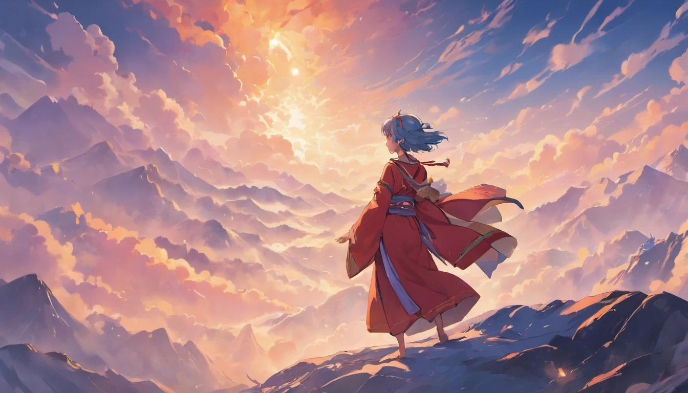 mountain peaks, Cloud fog, The man in the Taoist robe, Refining pills, Distant perspective, Chinese fairy style