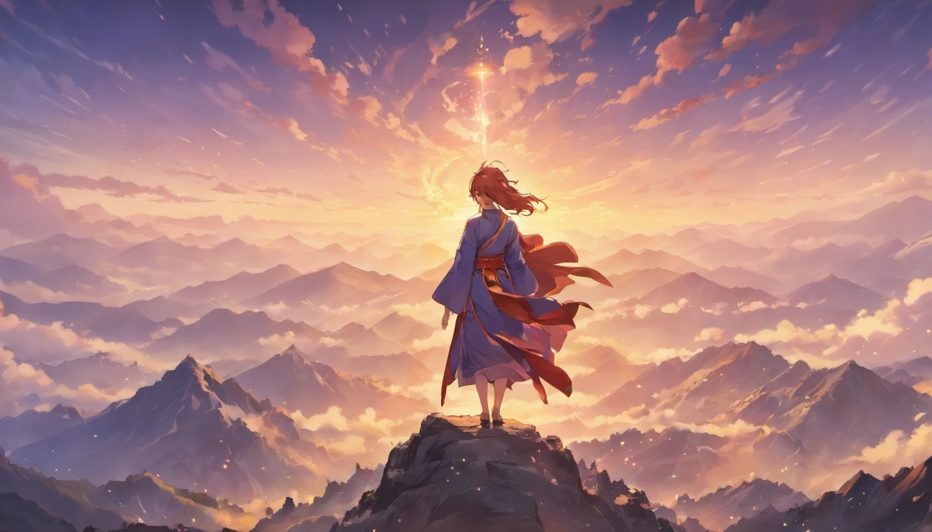 mountain peaks, Cloud fog, The man in the Taoist robe, Refining pills, Distant perspective, Chinese fairy style