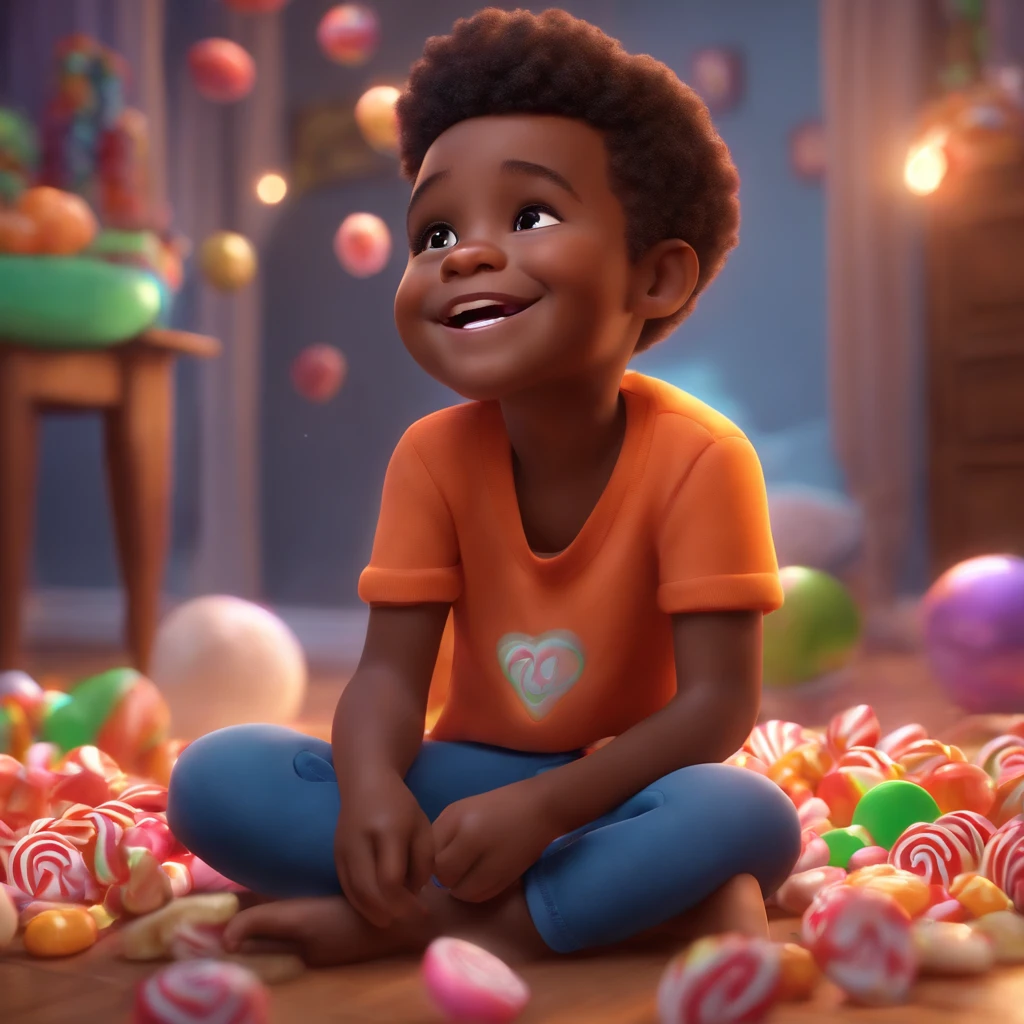 cute, Adorable, smiling black boy, sitting on the floor, eating candy, with candy flying around him, perfect body, Pixar, Disney, Cinema lighting, games, 8k, magic, love