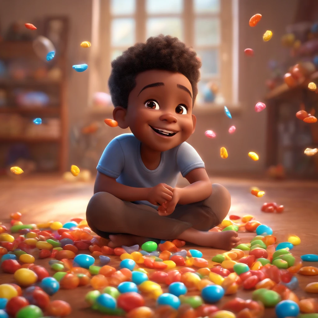 bonitinho, adorable, menino negro sorridente, sitting on the floor, comendo doce, com doces voando ao seu redor, corpo perfeito, Pixar, Disney, cinema lighting, jogos, 8k, Magia, amor