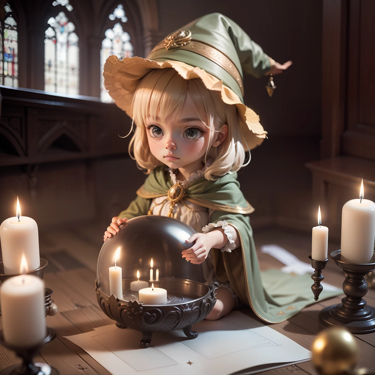 (obra-prima:1.21), (melhor qualidade:1.331), ((ultra-detalhado)), ((Extremely better illustration)), ((Awesome)), (hiper qualidade), Green-eyed 5-year-old with angelic face dressed as one of the Ten Virgins with the lamp lit in the age of Christ