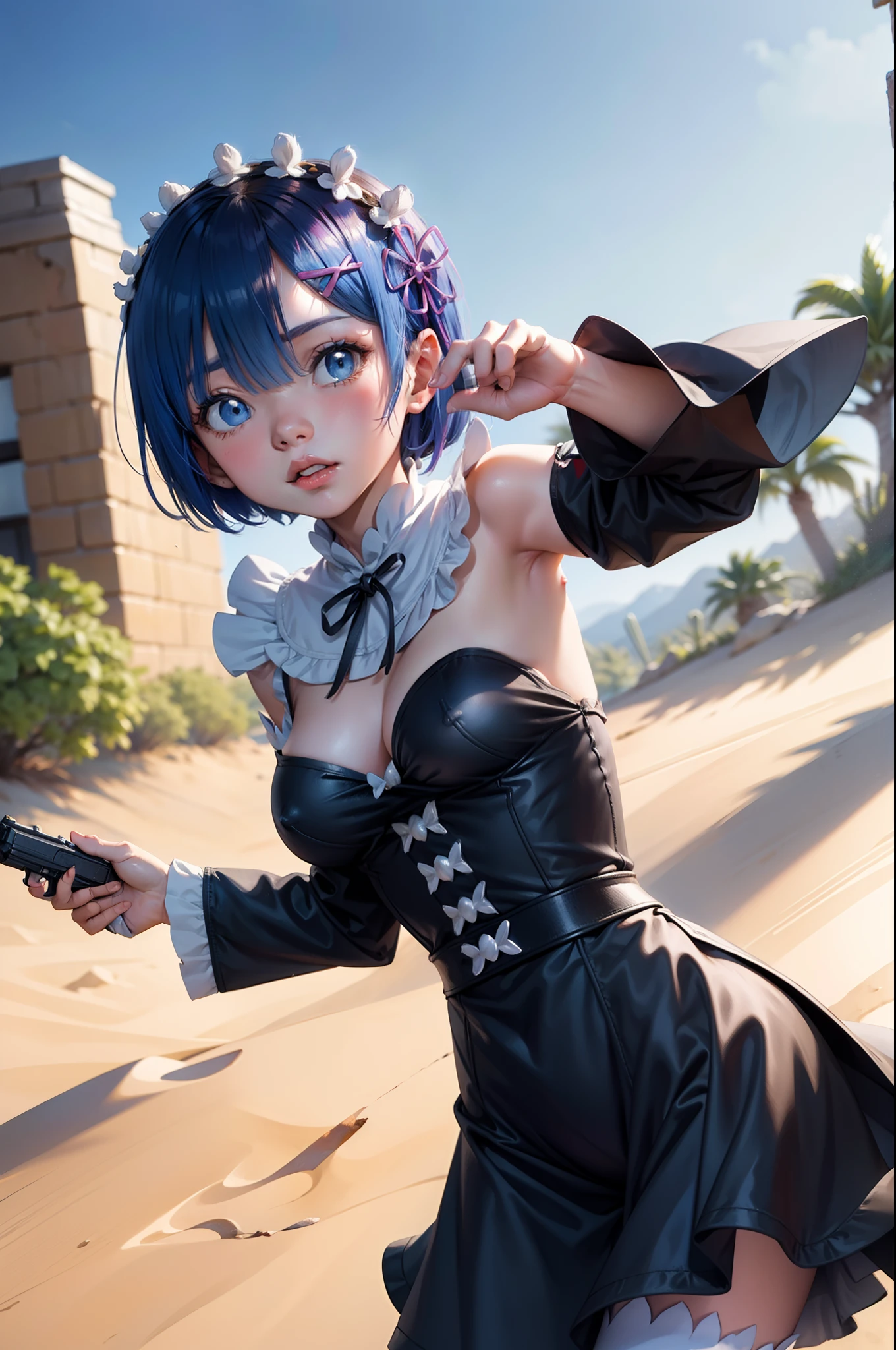 rem from rezero, She is standing in a desert alone, she is holding a gun in her hand and making a gun shoot pose