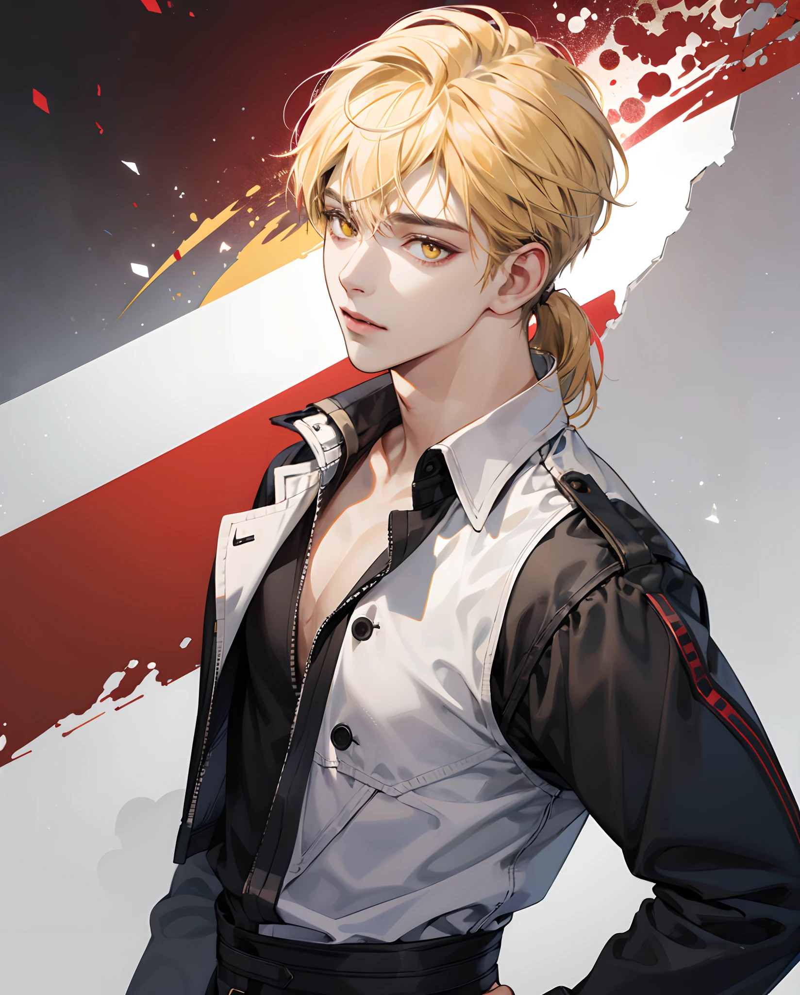 young boy, blonde hair, mullet hairstyle, yellow eyes, Masterpiece, hiquality