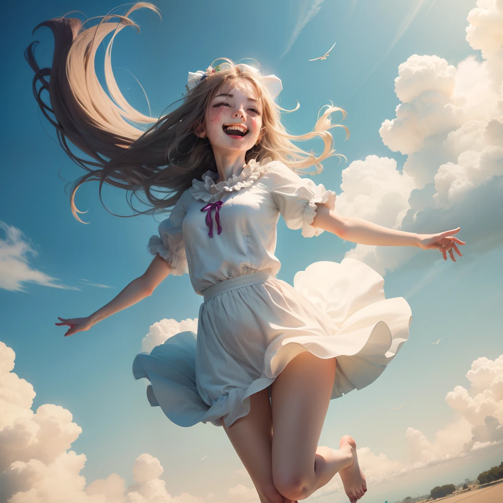 Generate an image of a girl gracefully floating in the sky, enveloped by fluffy clouds, exuding pure joy.