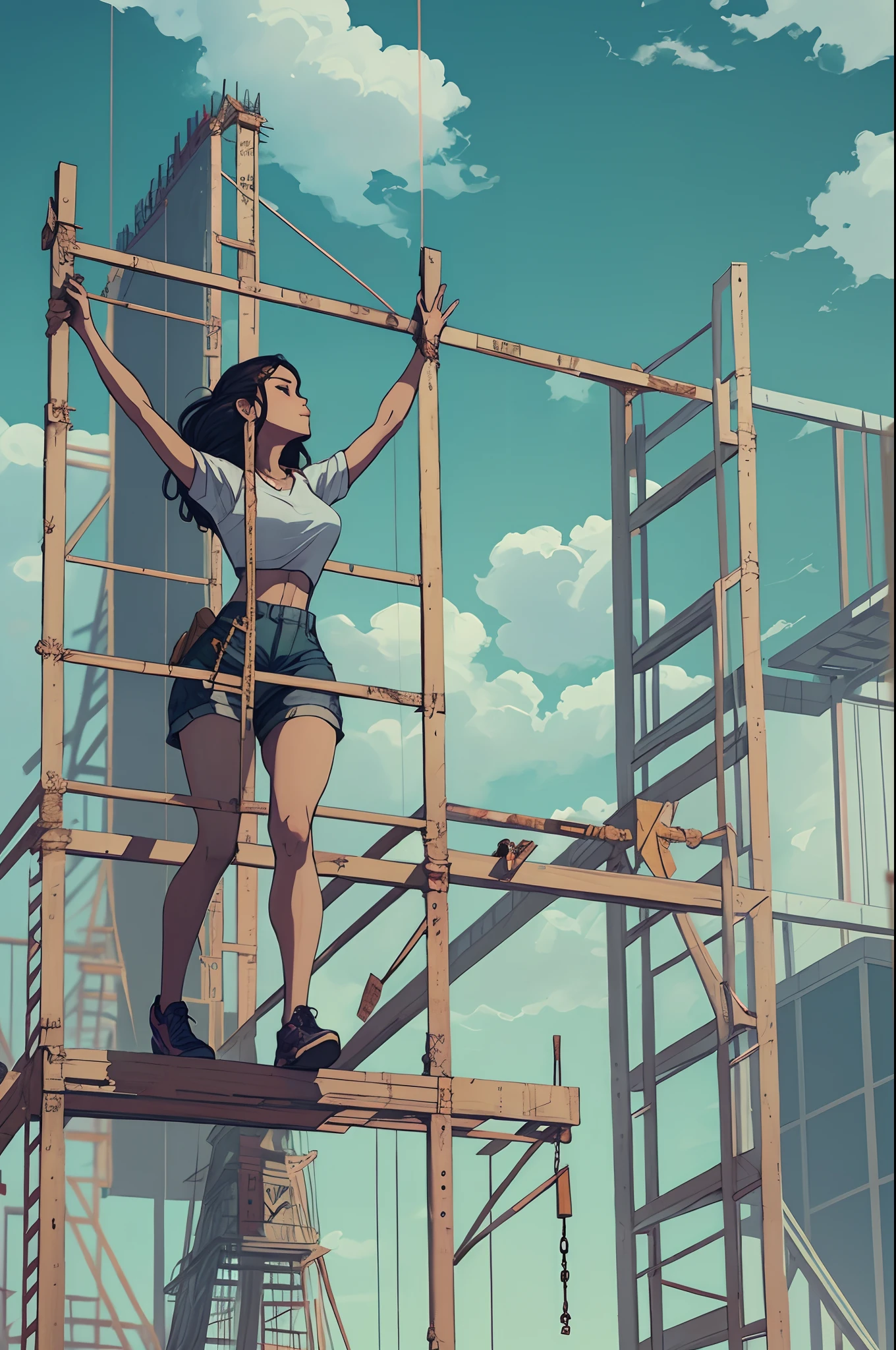 A beautiful woman walking over a construction site scaffolding , outstretched arms, balancing