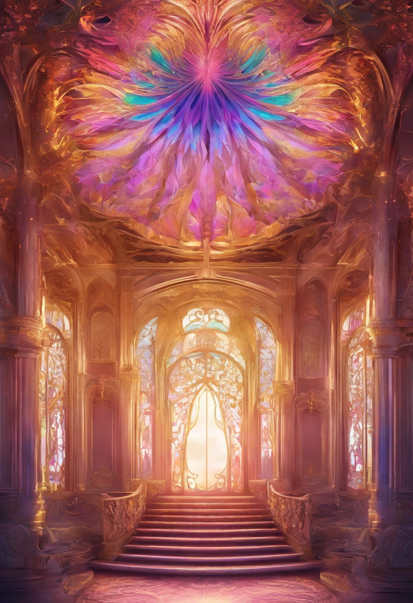 Virtual Scene Design, Rainbow gradient galvanized fiberglass,Surreal visual representation,majestic architecture,Unique,Convoluted,exquisitedetails,(blender,OC Rendering,Natural light,God's Ray Trace,8K),The Glory of God,The Glory of God,celestial realm,heaven,God bless